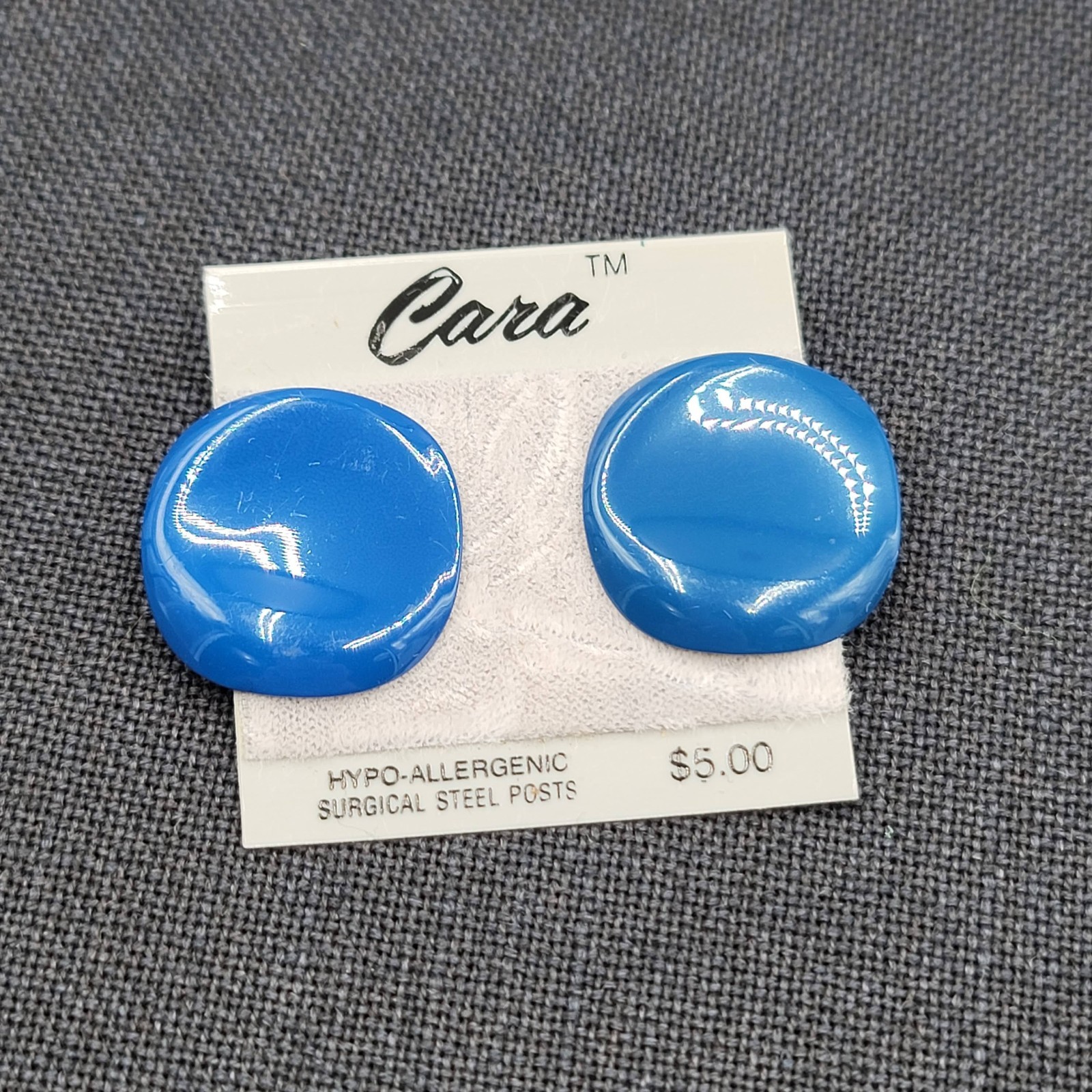 Vintage Cara Round Blue Enamel Pierced Earrings New Old Stock  Prop 1"