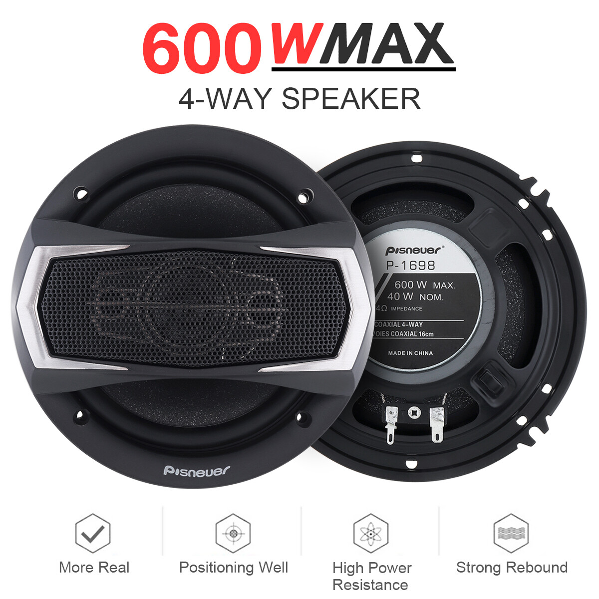 6 Inch Car Door Speakers - 600 Watts Max (per Pair), Coaxial, 4 Way, Full Range