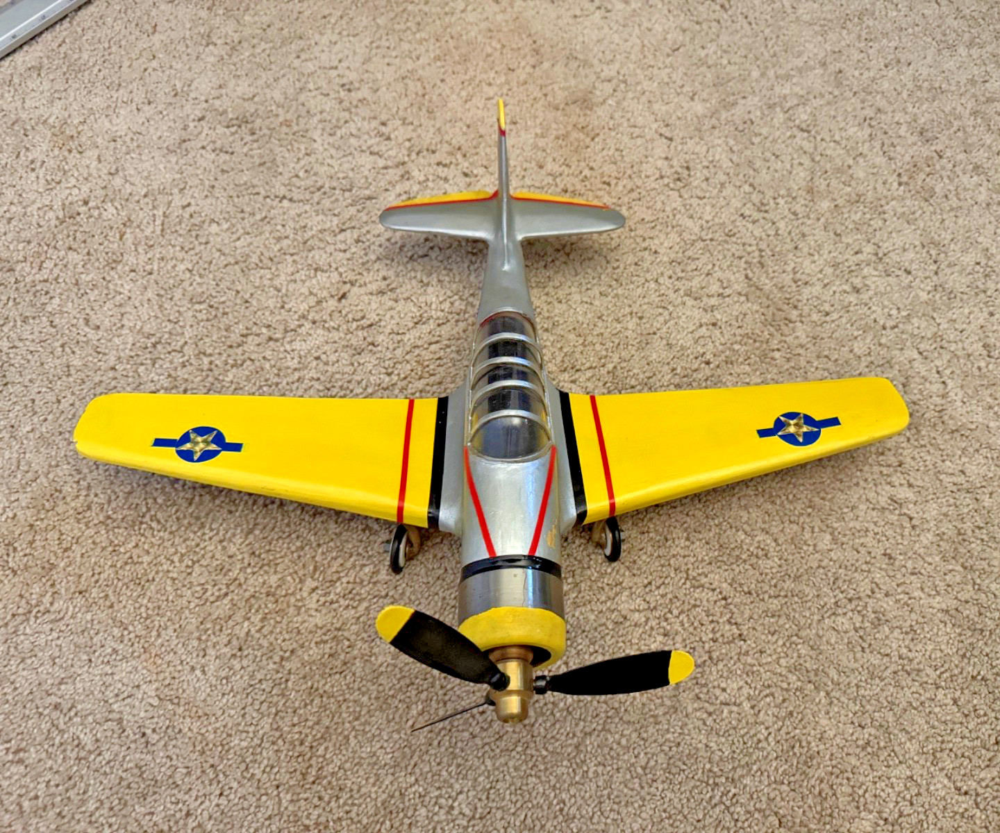 Vintage Handmade Cast Wood+Metal  Airplane – US Trainer Aircraft, Spinning Prop