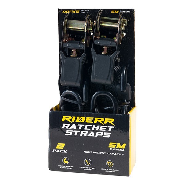 Ratchet Strap Black Tie Down Straps 2 Pack 800kg Break Strength Riderr 950/RR510