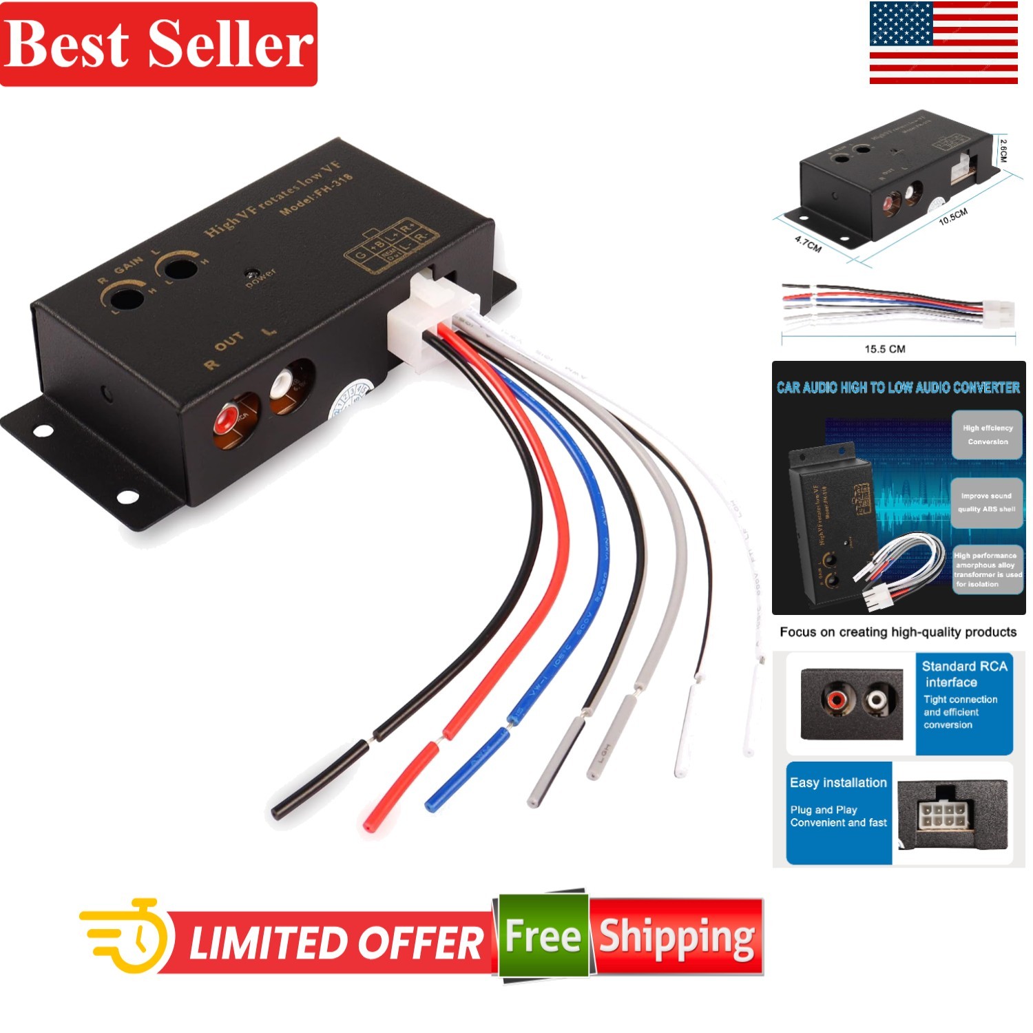 Car Audio High To Low Converter RCA Line Input To Stereo Output for Car Subwo...