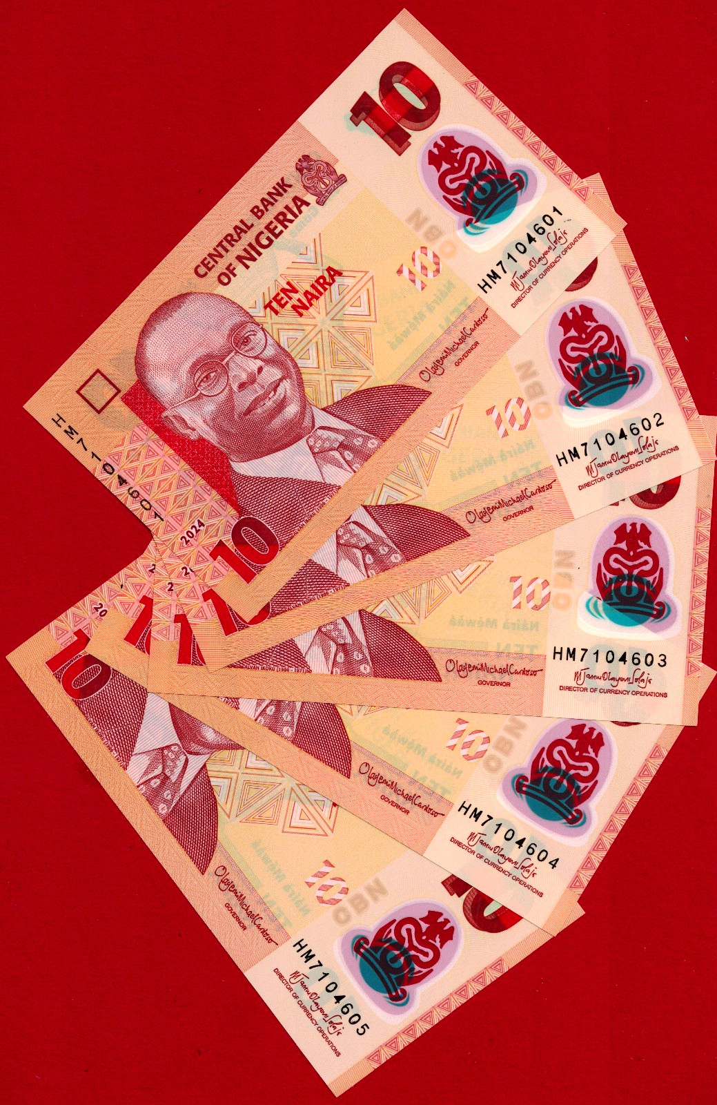 FIVE (5) x 10 Naira 2024 NIGERIA UNC Polymer Banknotes - Prefix: HM - (Pick-39n)