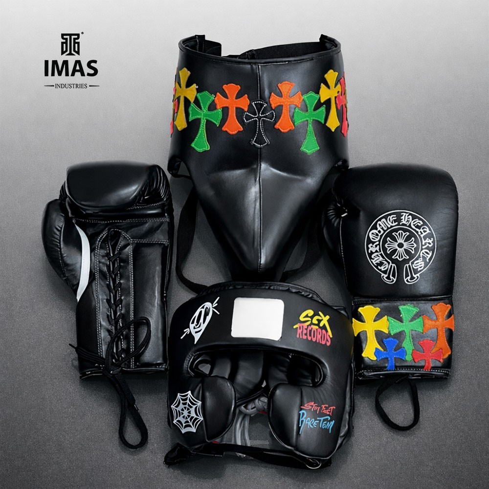 Luxury Black Boxing Training Set Gloves Head Guard Groin Protector Color Cross