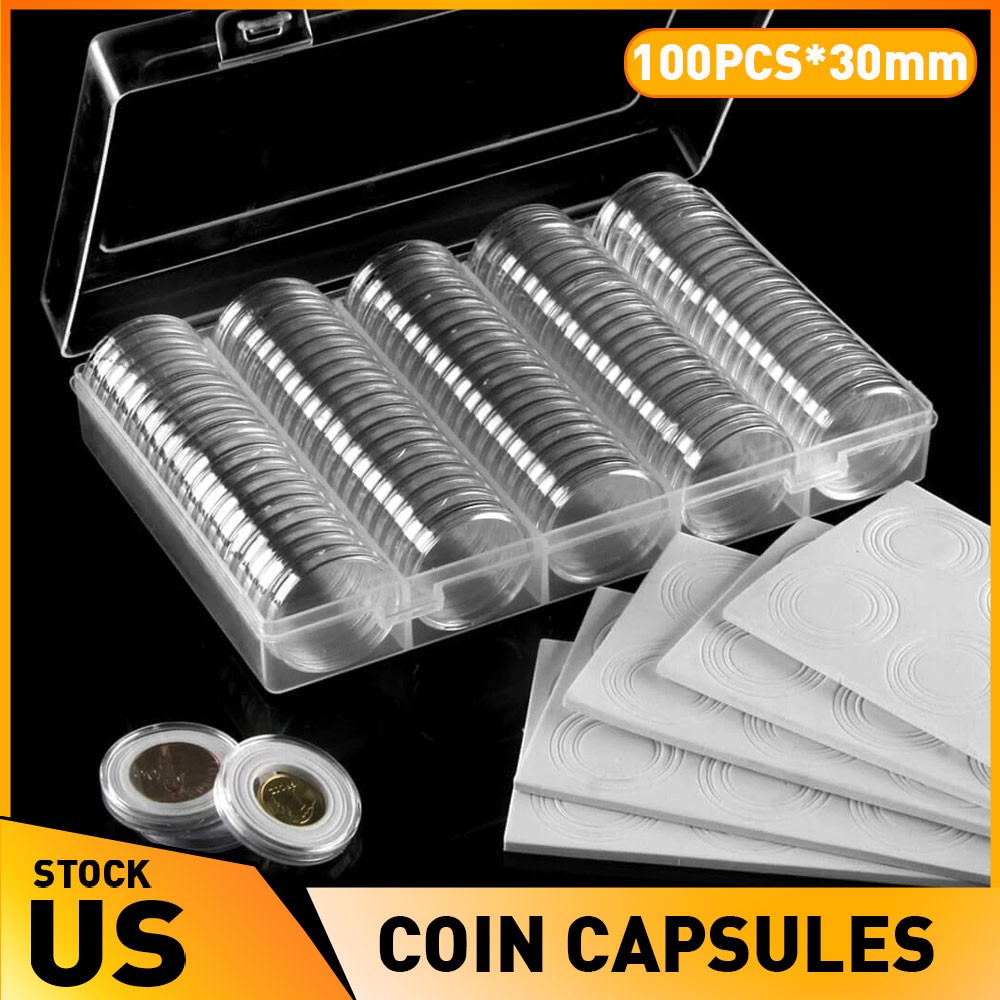 100Pack Clear Coin Capsule Round Plastic Holder 30mm Container Storage Box Case