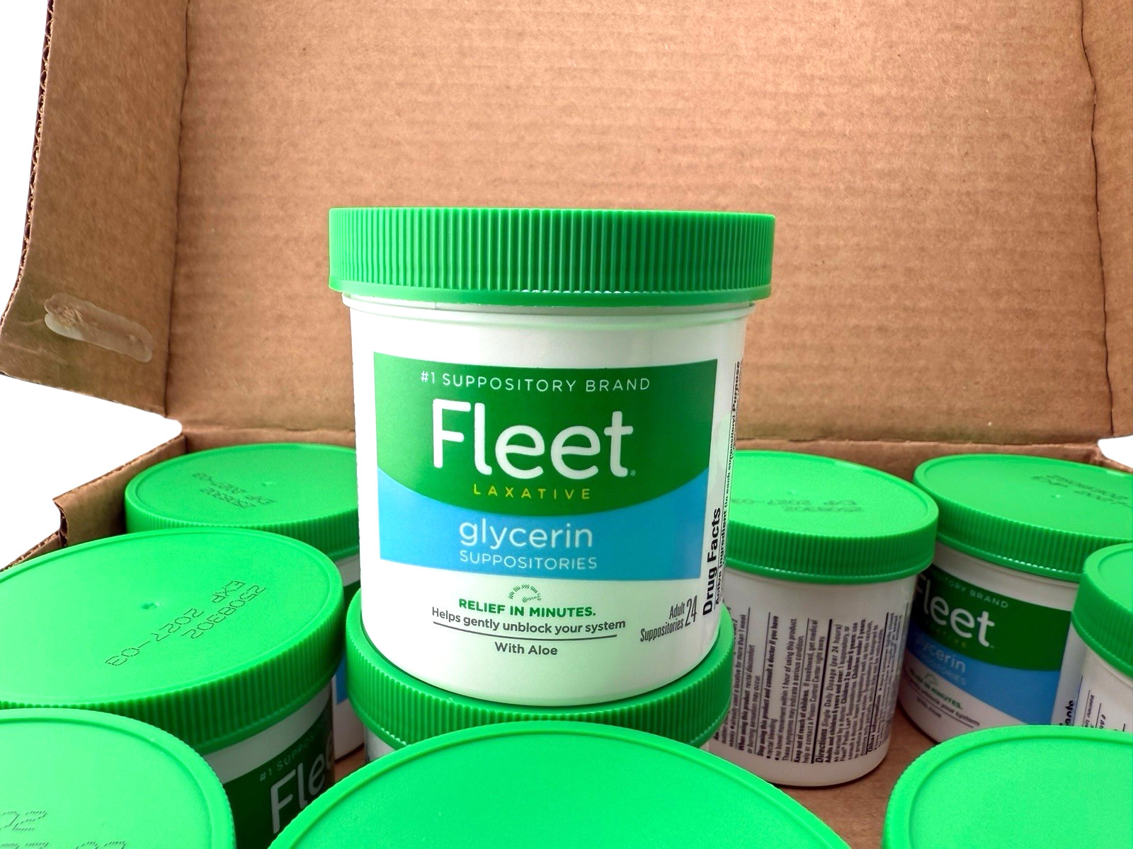 Fleet Laxative Glycerin Suppositories w/Aloe, 12 Pack=24 each Total 288-Exp 3/27