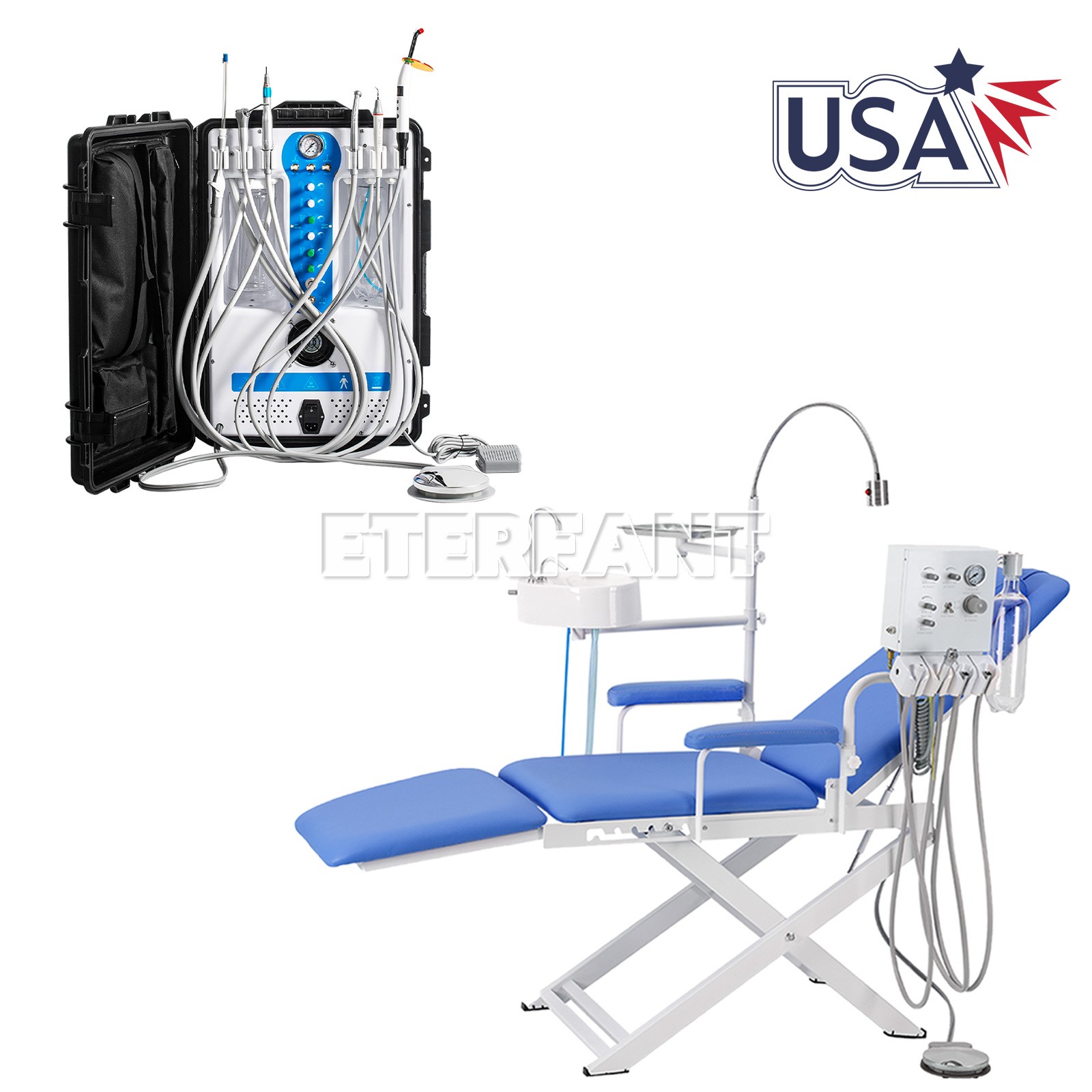 Dental Unit System w/Air Compressor/Portable Folding Chair+LED Light+Air Turbine