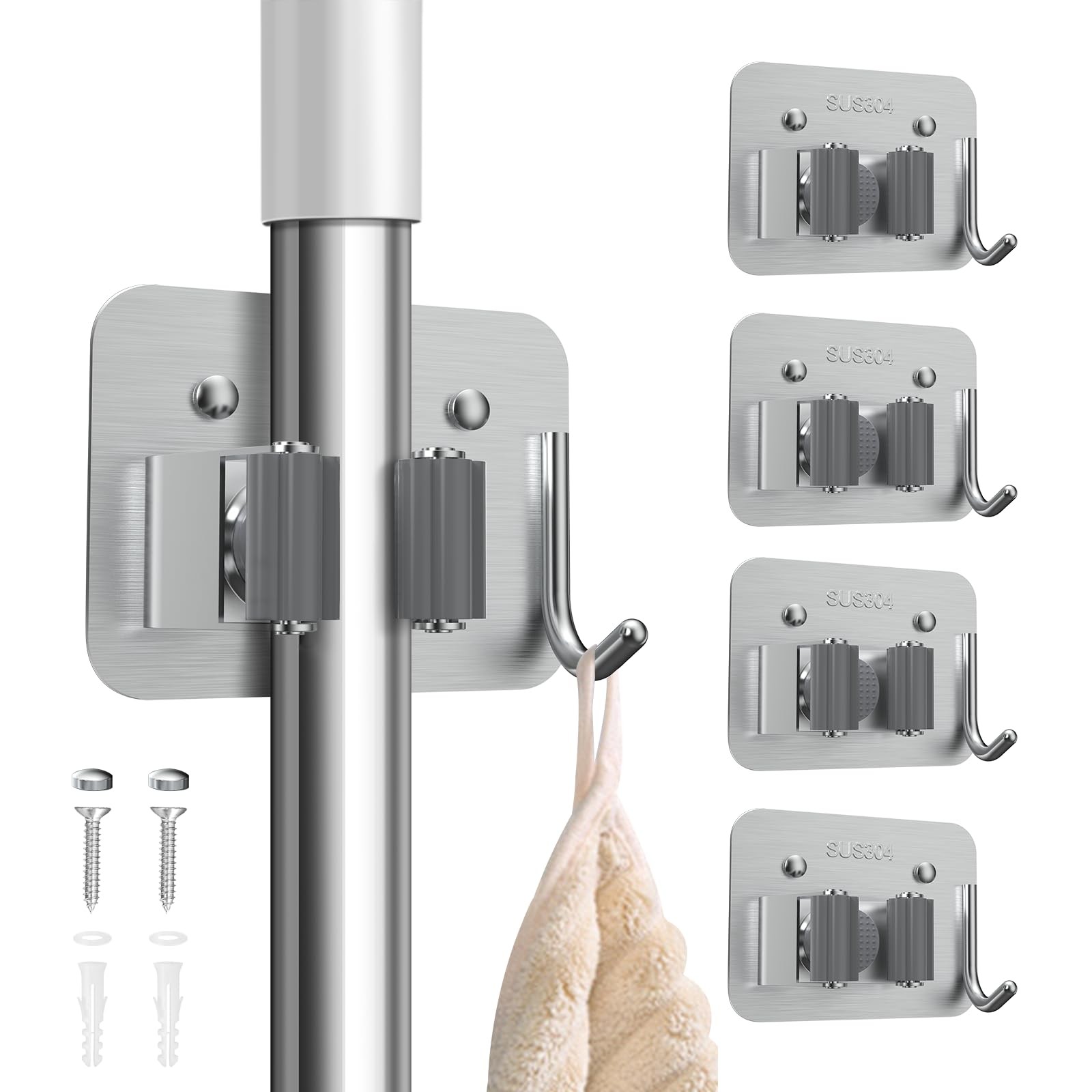 Broom Holder Wall Mount, 4 Packs Silver Stainless Steel Mop and Broom Hanger ...