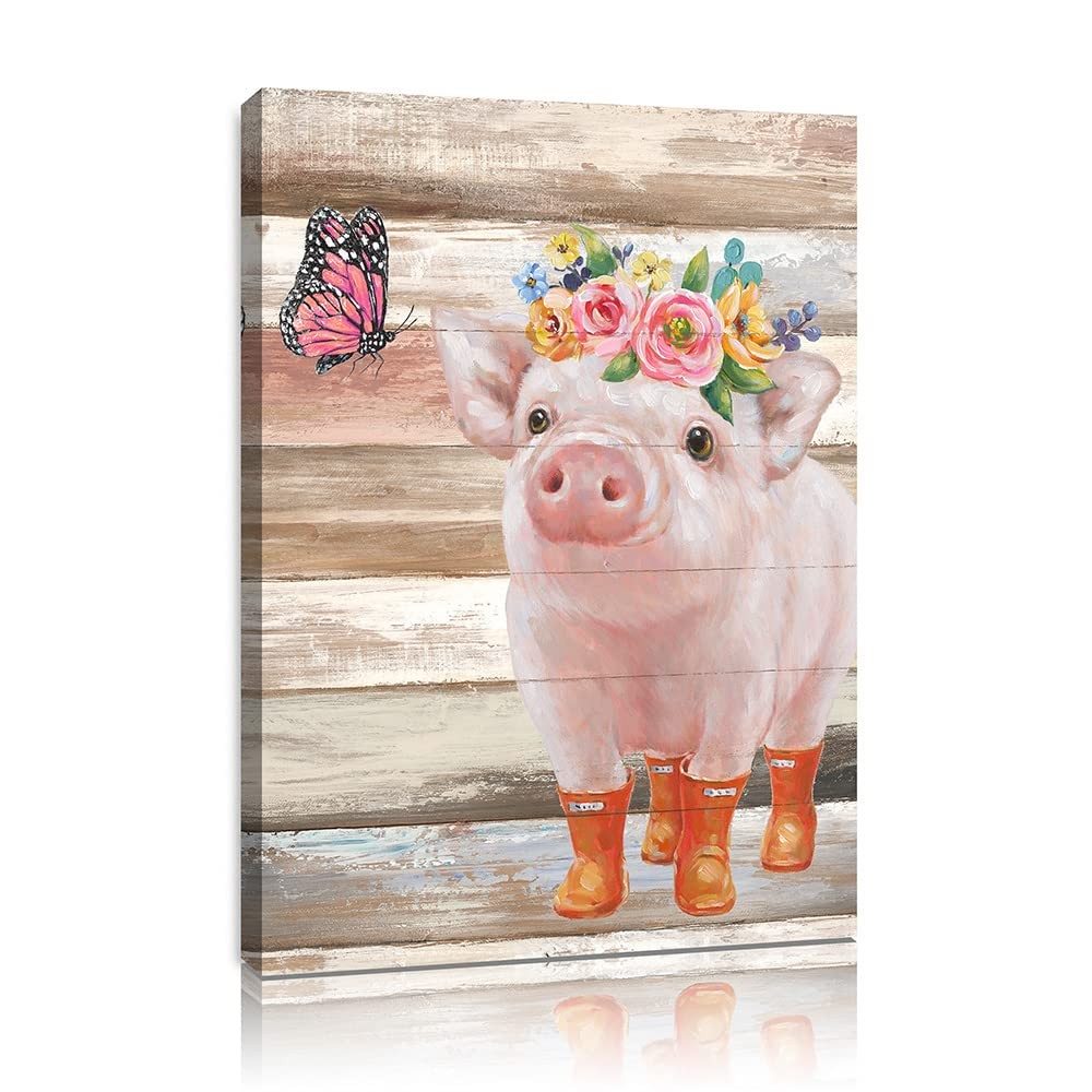 Funny Piggy and Pink Butterfly Pig Pictures Wall Art 10"L x 15"W,