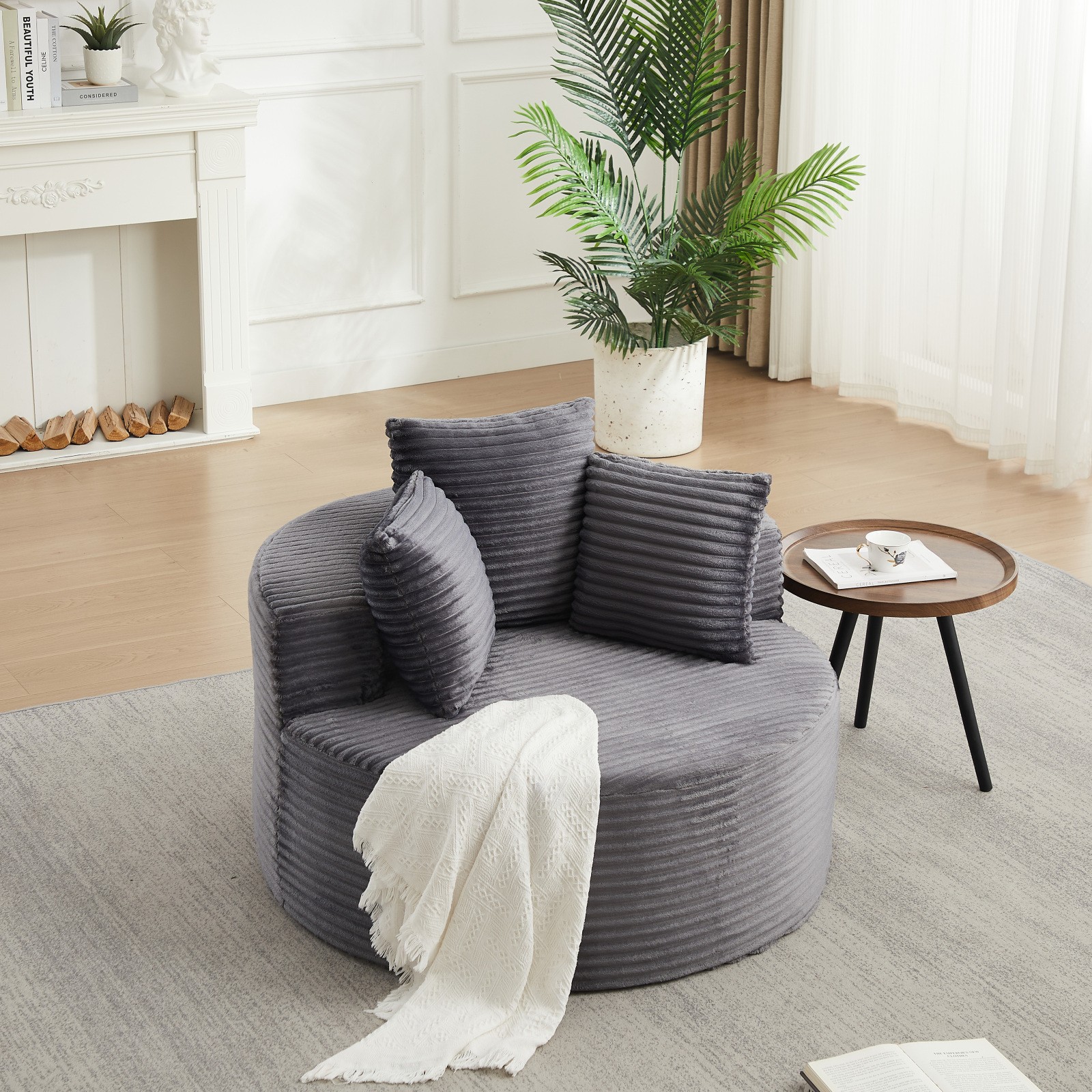 43" Round Corduroy Single Sofa Lounge Chair with 3 Pillows