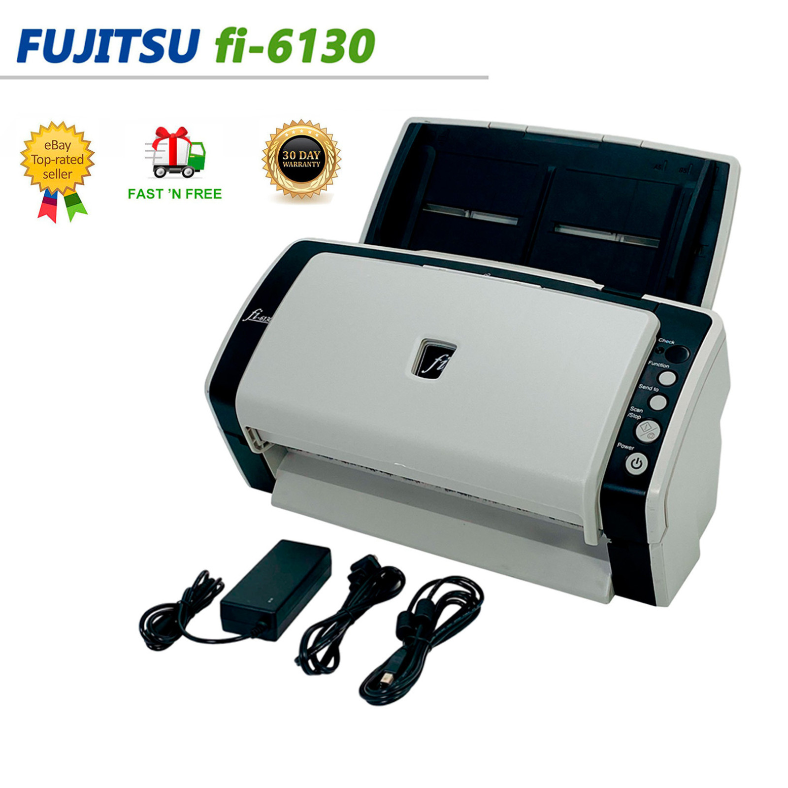Fujitsu FI-6130 Duplex Color 40ppm Document Scanner w/AC Adapter & USB Cord