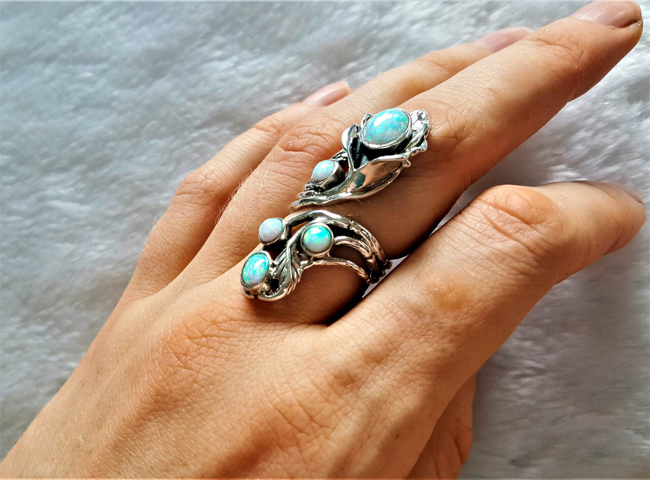 925 Sterling Silver FLower Precious OPAL Flower Unique Bouquet Adjustable Ring
