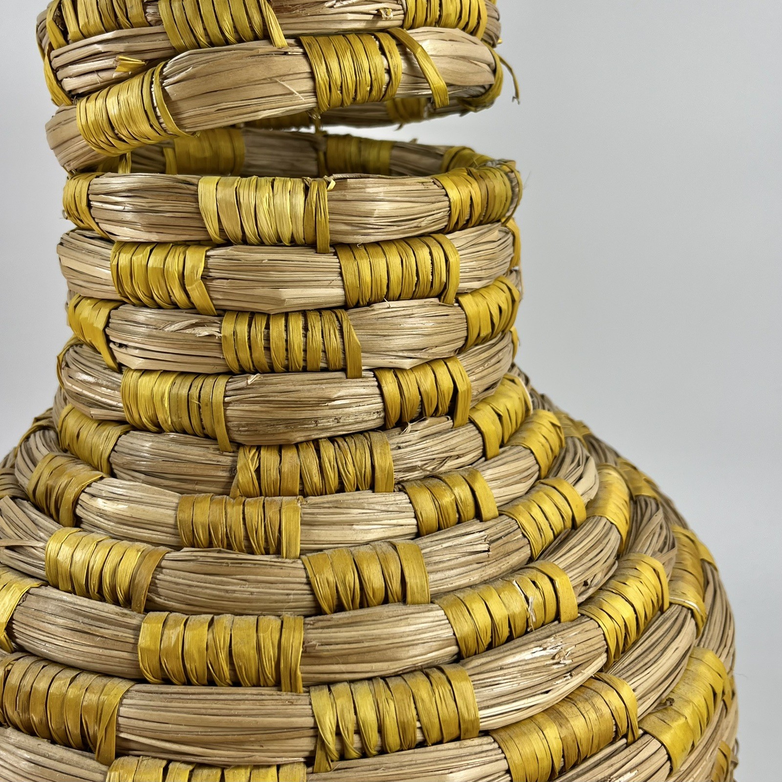 Wicker Coiled Bottleneck Vase 14.5” Floor Tabletop Boho Decor Yellow Stripe