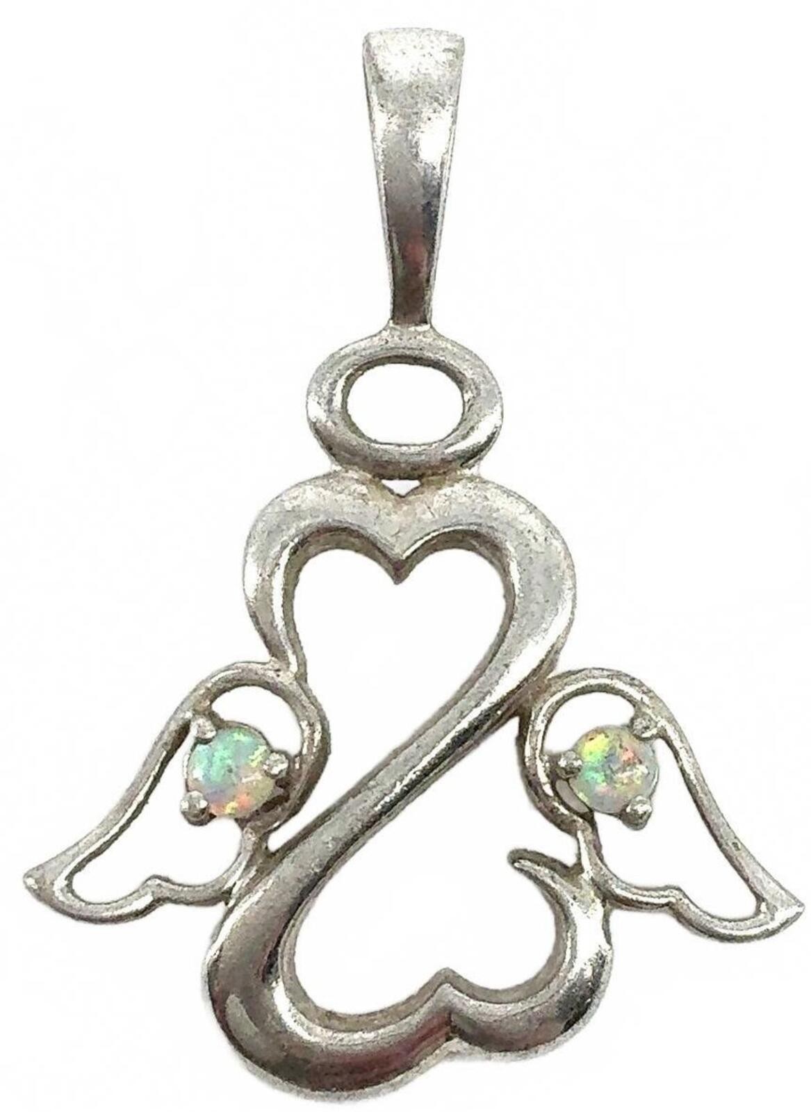 Vintage Sterling Silver Modernist Angel Heart Pendant White Fire Opal Small