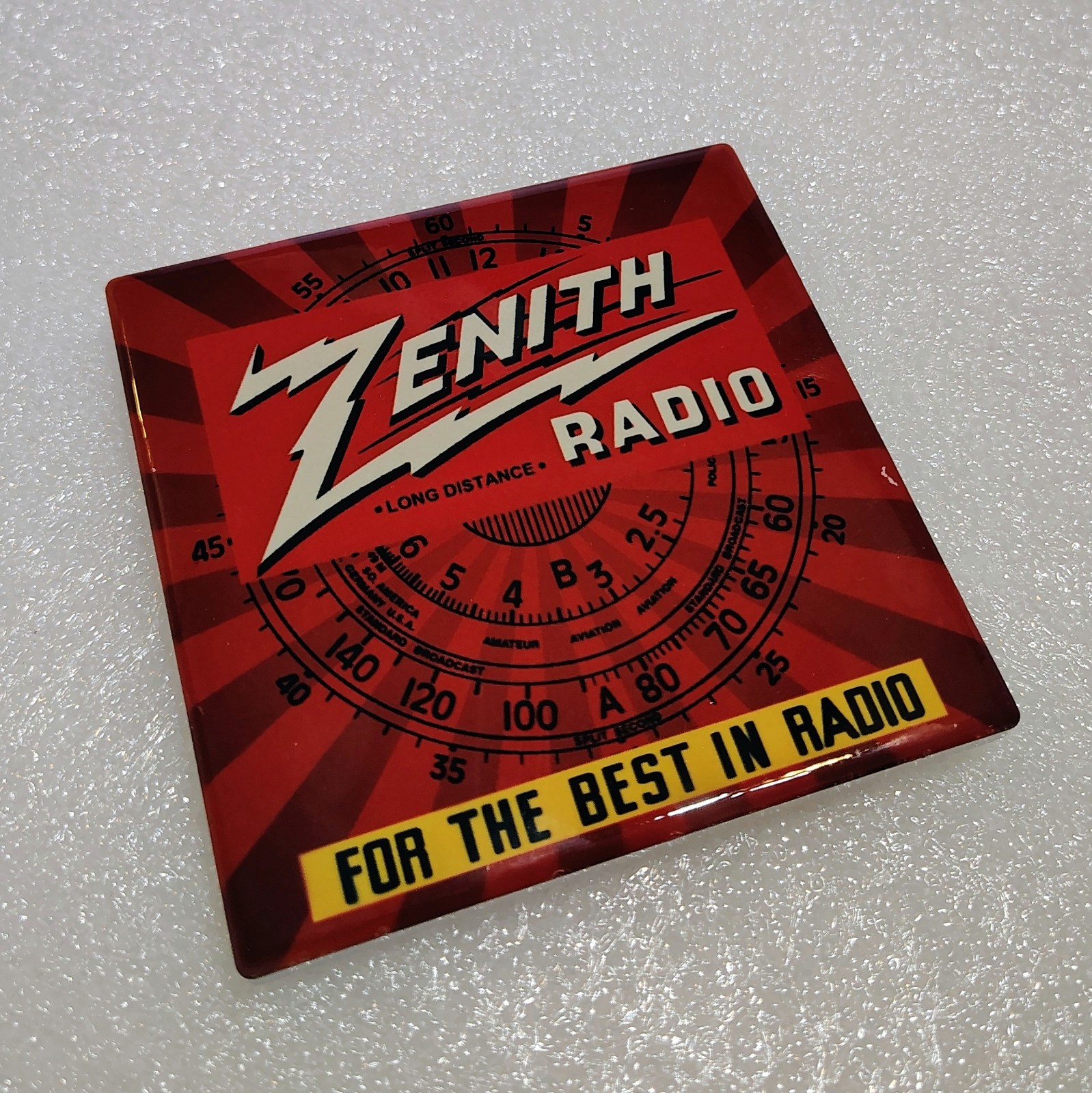 Set of 4 Vintage Zenith Radio Ceramic Coasters - 4" x 4" Retro Glass High Gloss