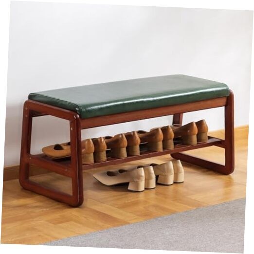 Solid Wood Bench, Entryway Shoe Bench with Cushion, 2 Tier Shoe Storage