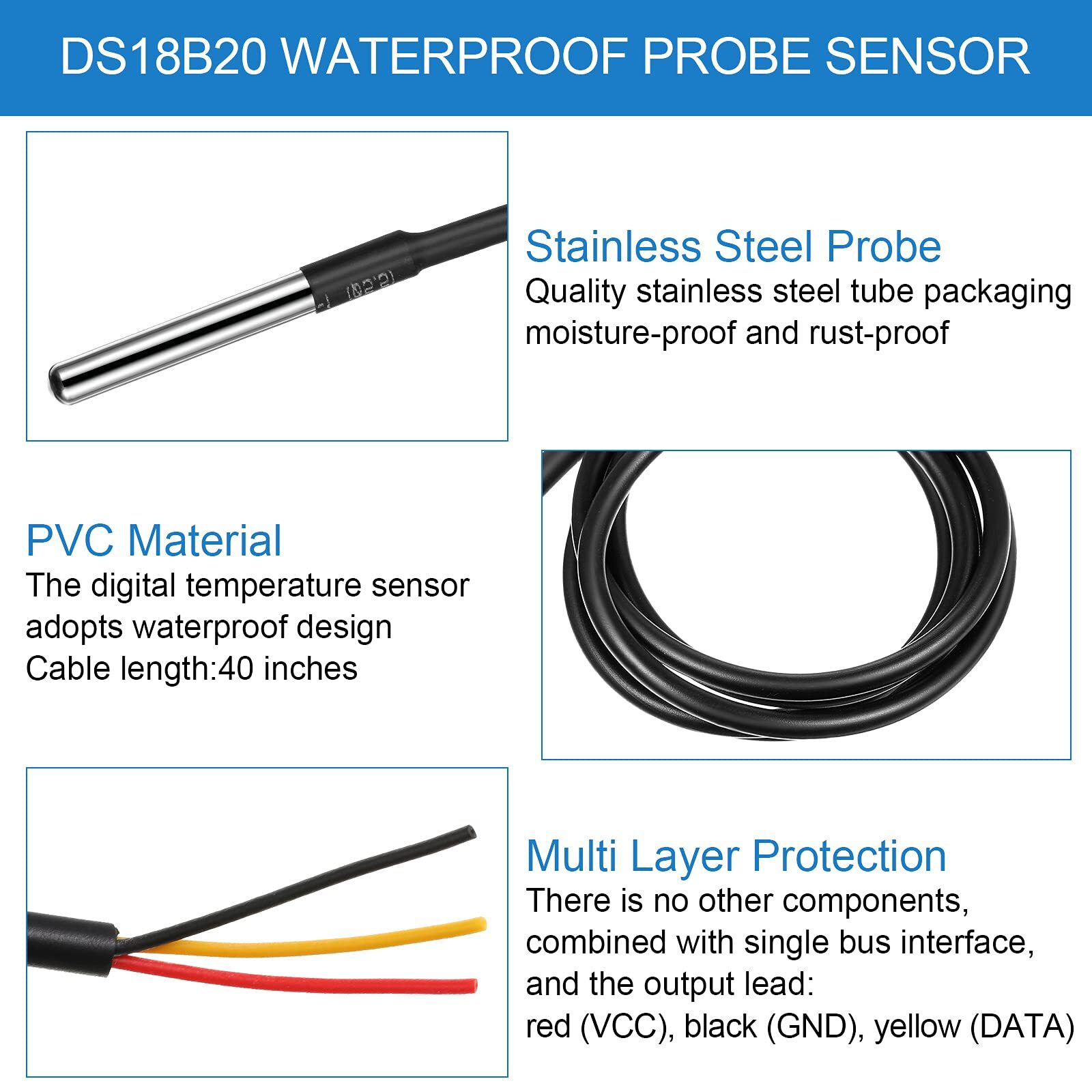 4 Sets Ds18b20 Temperature Sensor Module Kit With 1 M/ 3.2 Ft Waterproof Digital
