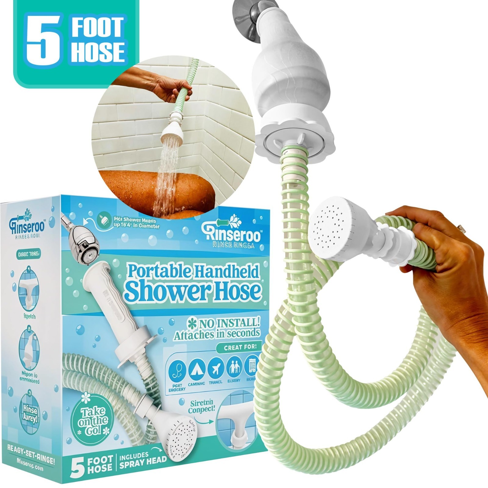 Rinseroo: Personal Bather Shower Attachment Hose. No-Install for Seniors