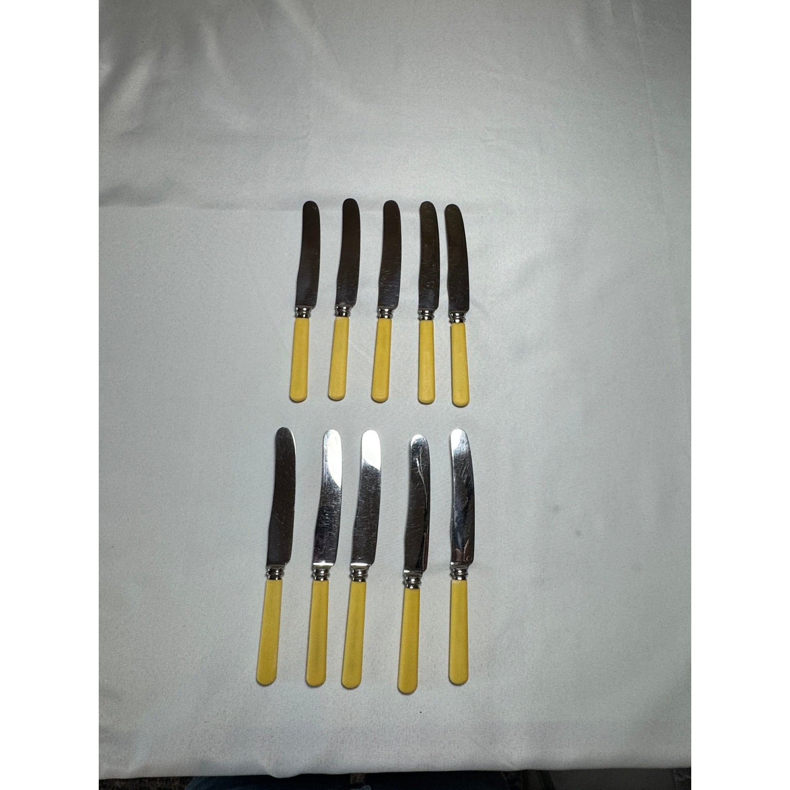 Vintage Mutual Hiram Wild Sheffield Stainless Steel knives Faux Ivory Set 10