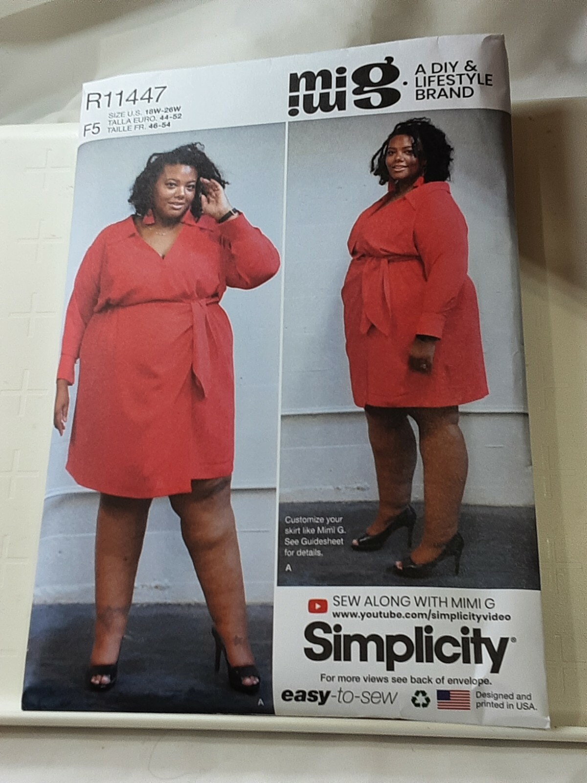 Simplicity 11447/9540 size 18-26 wrap dress collared long sleeve belt NIP