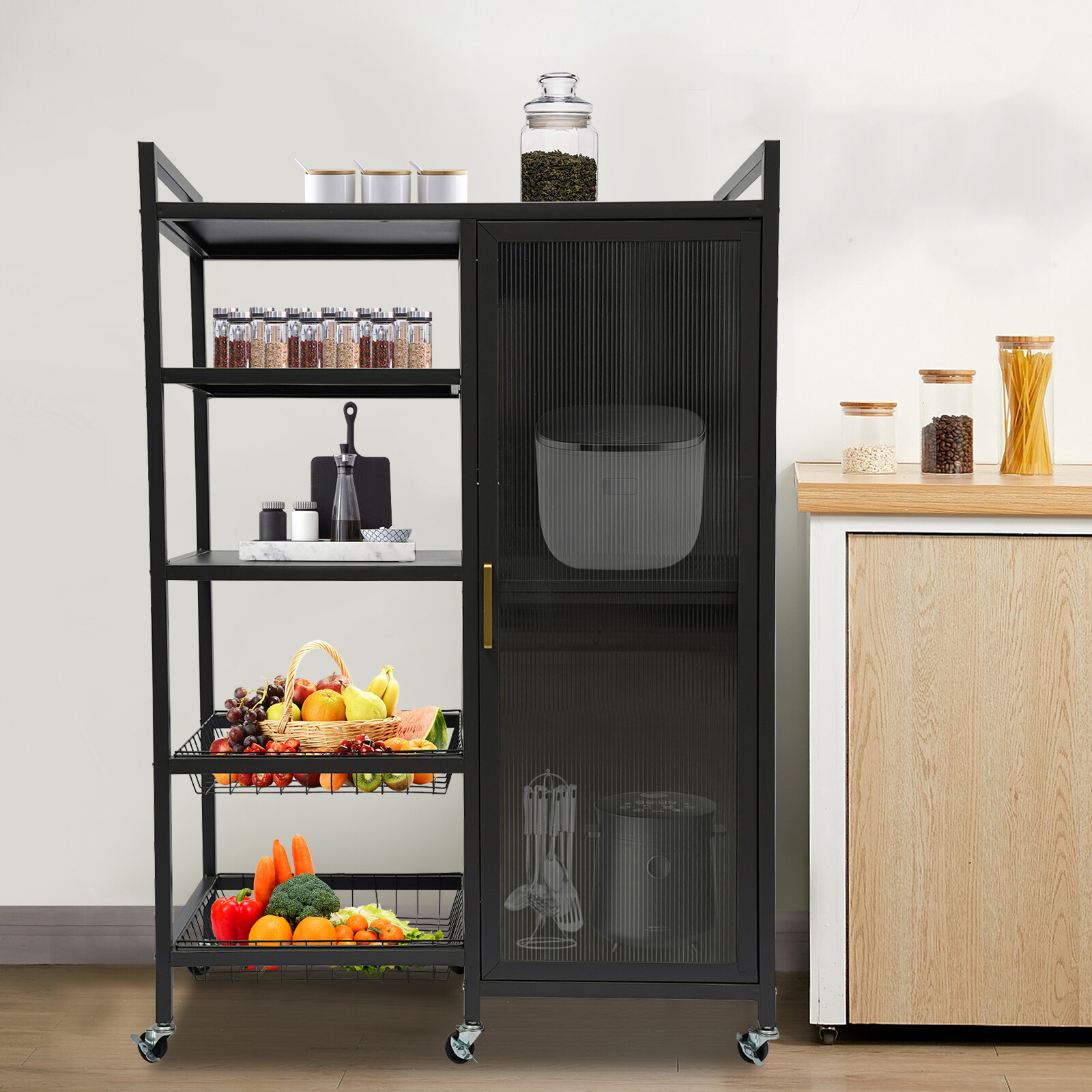 Kitchen Island with Countertop, Shelves and Door Cabinet w/ Wheels
