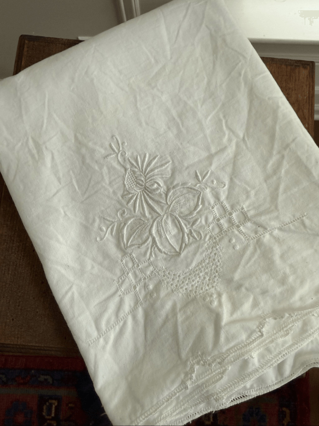 2 Vintage Queen Size Pillowcases Tonal Embroidered Floral Hemstitch Edge