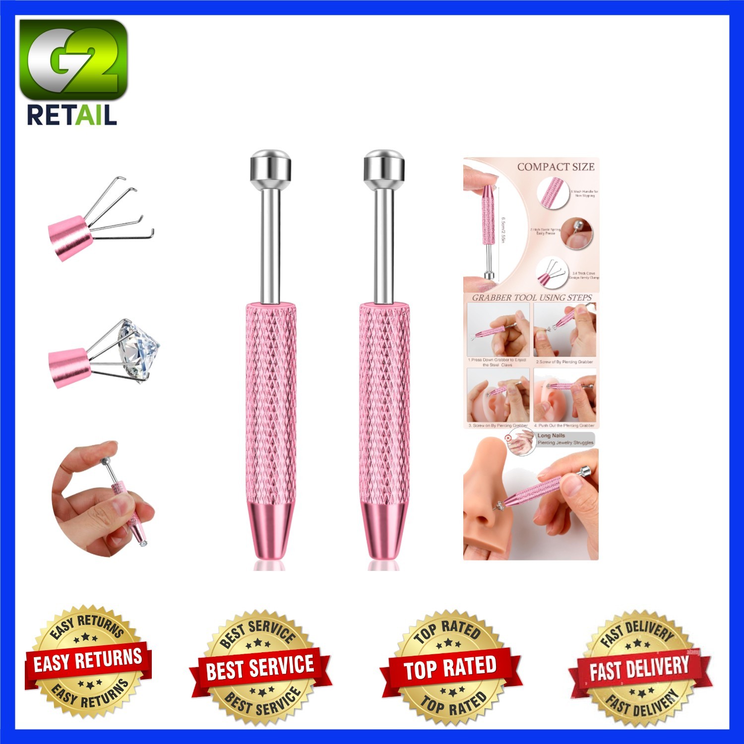 2 Pcs Pink Stainless Steel Piercing Ball Grabber Tool Set for Effortless Changes