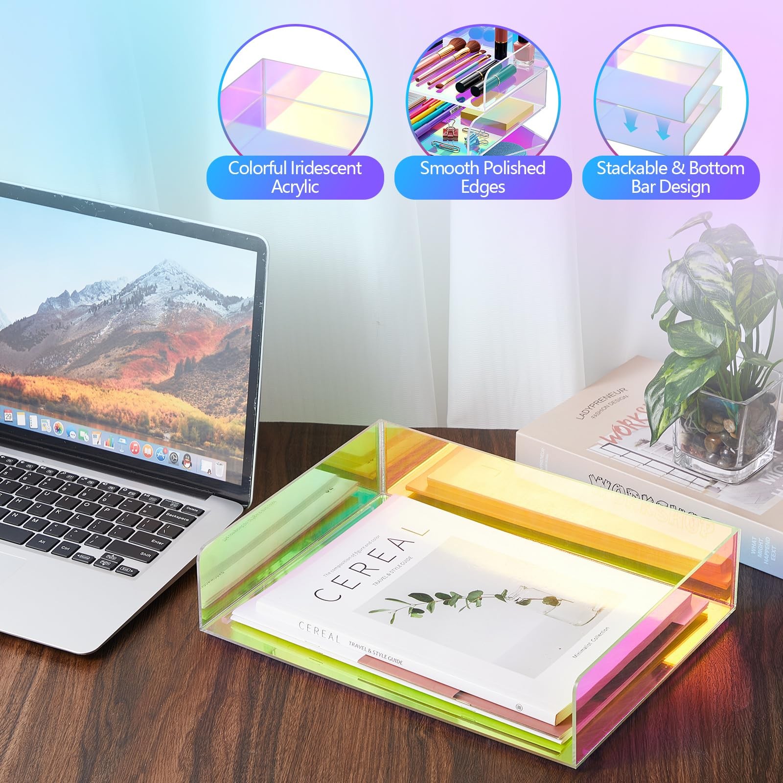 3 Pcs Iridescent Acrylic Letter Organizer Stackable Tray Document Horizontal
