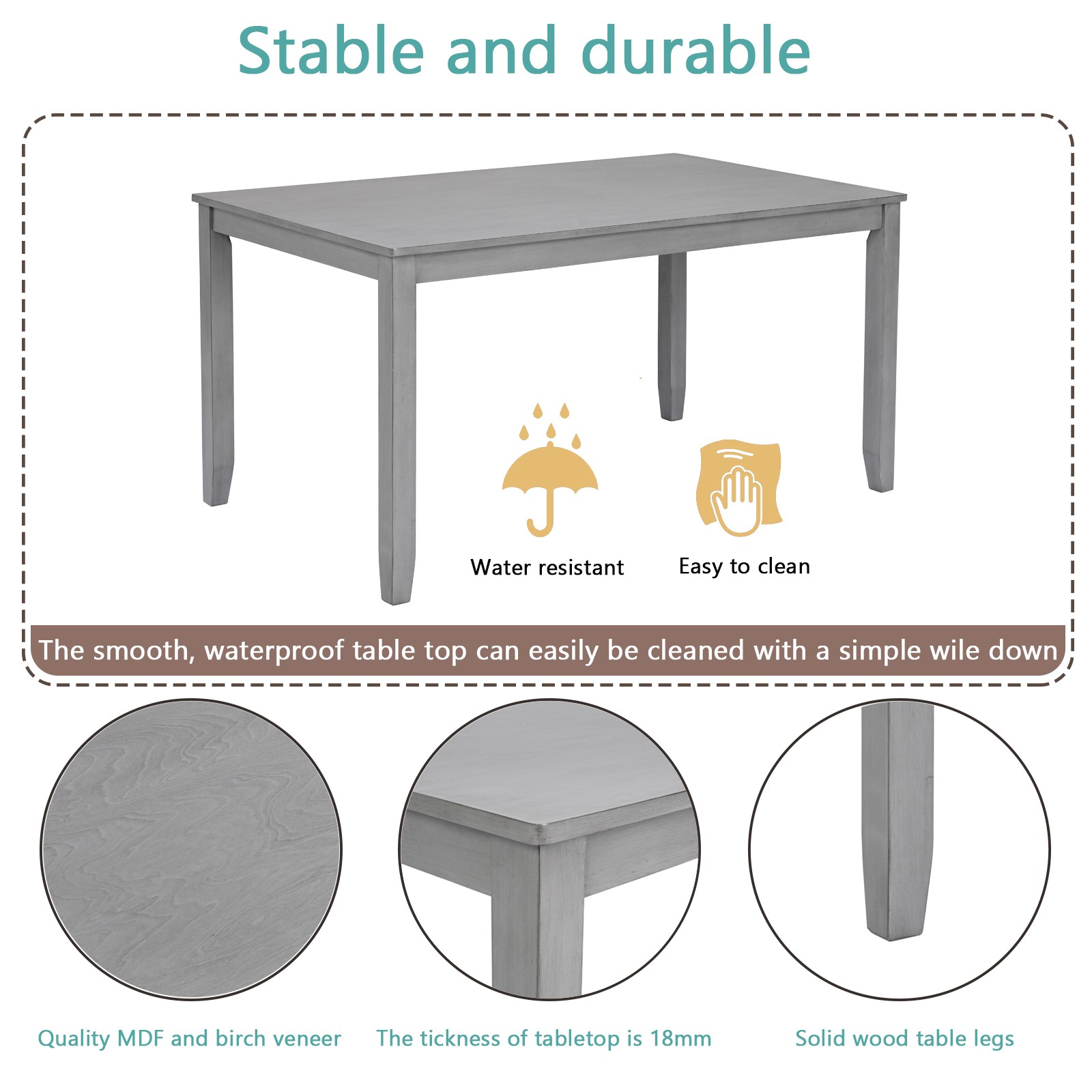 A rectangular dining table, equipped with 4 upholstered chairs and a long bench