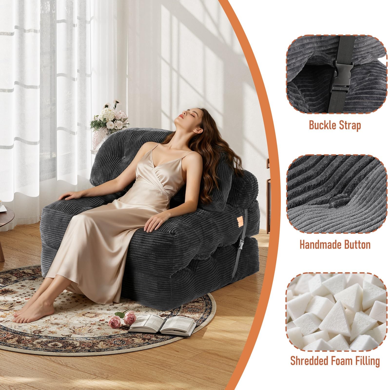 Vellorise Folding Sofa Bed, Convertible Sleeper Chair with Back Support and P...