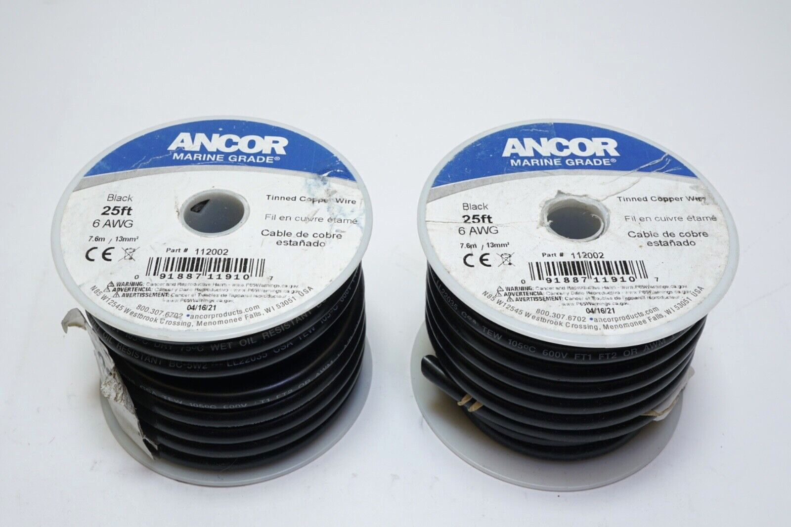 Lot of 2) 25' Anchor 6AWG Battery Cable Black Tinned Copper 112002 Marine Grade