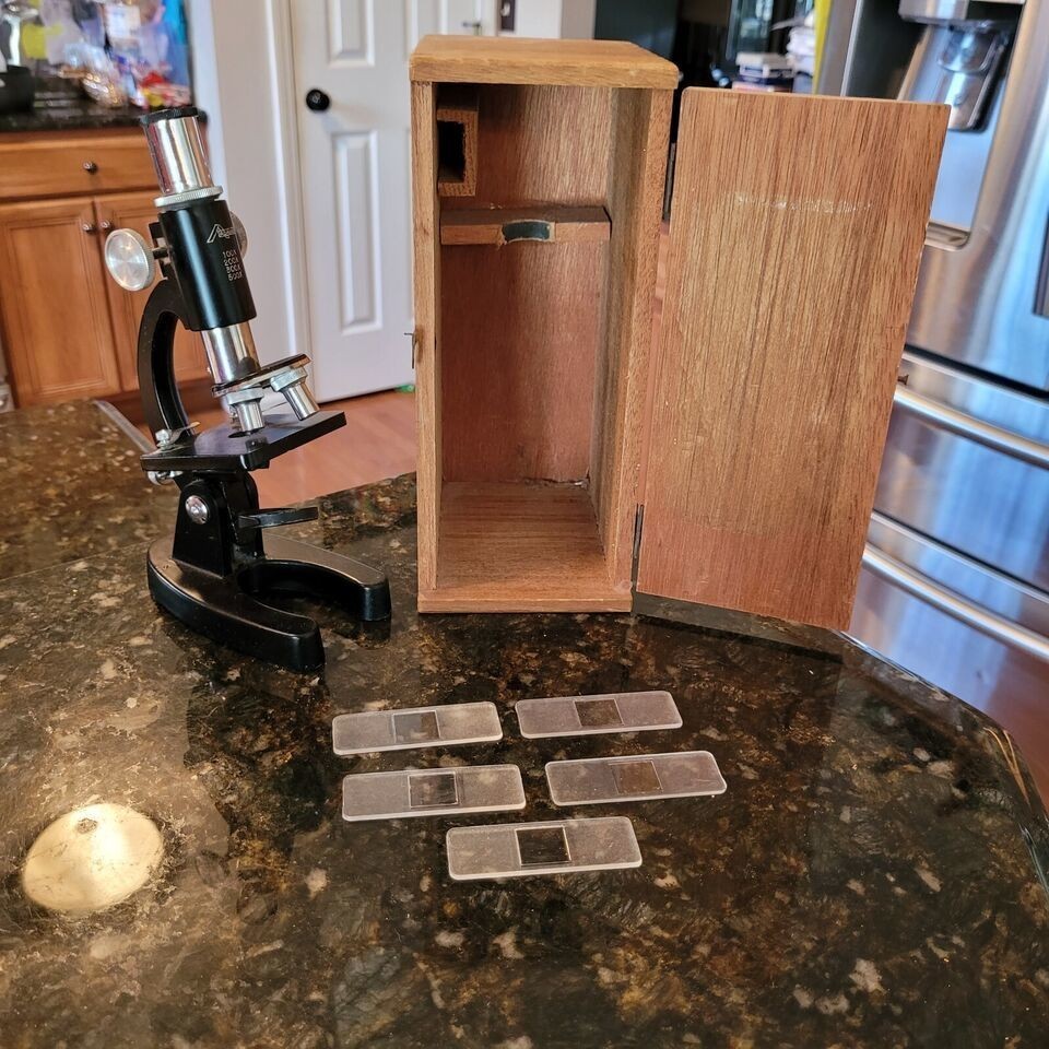 Vintage Adams 100-500mm Microscope With 5 Slides & Storage Box