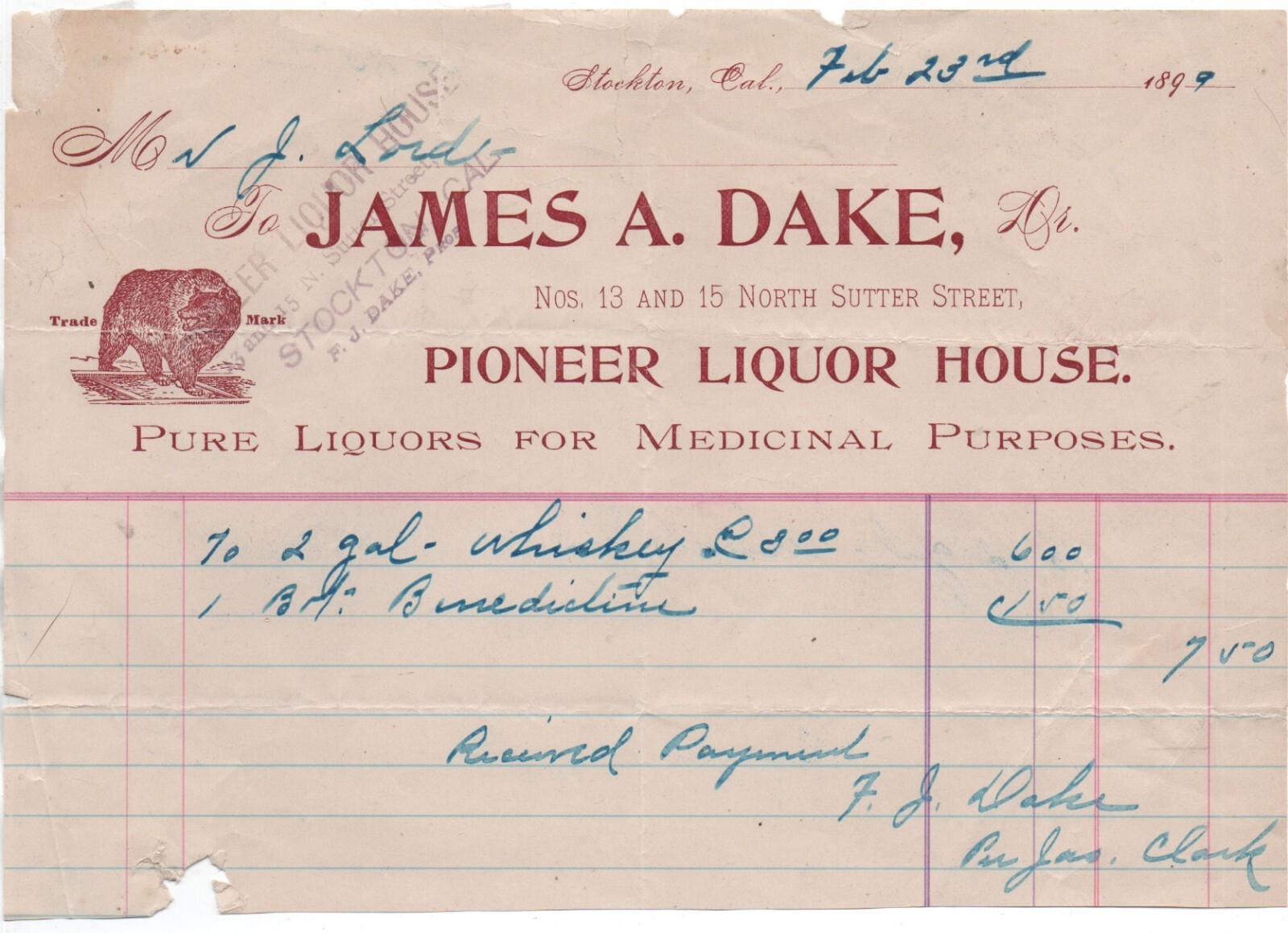 1899 Billhead with Grizzly Bear James Dake Pioneer Liquor House Stockton CA