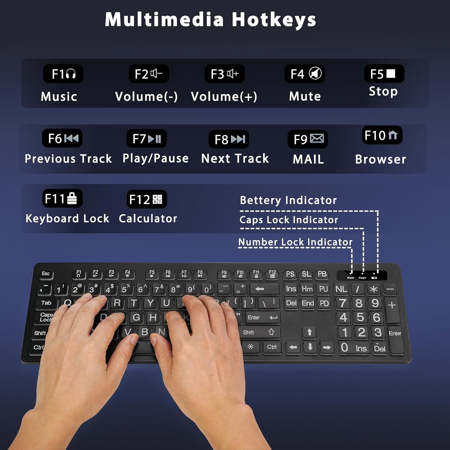Large Print Backlit Wireless Keyboard, 2.4G Silent Wireless Light Up Keyboard