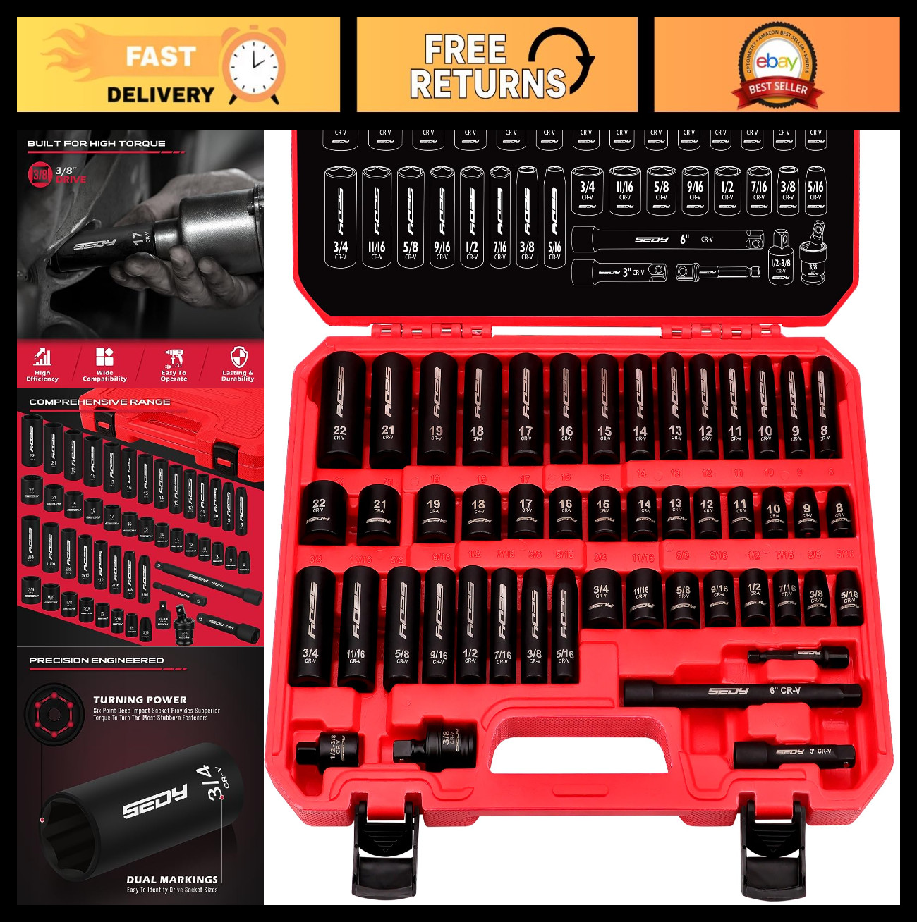 49-Piece 3/8" Drive Impact Socket Set - SAE & Metric, CR-V, Extension Bars, Univ
