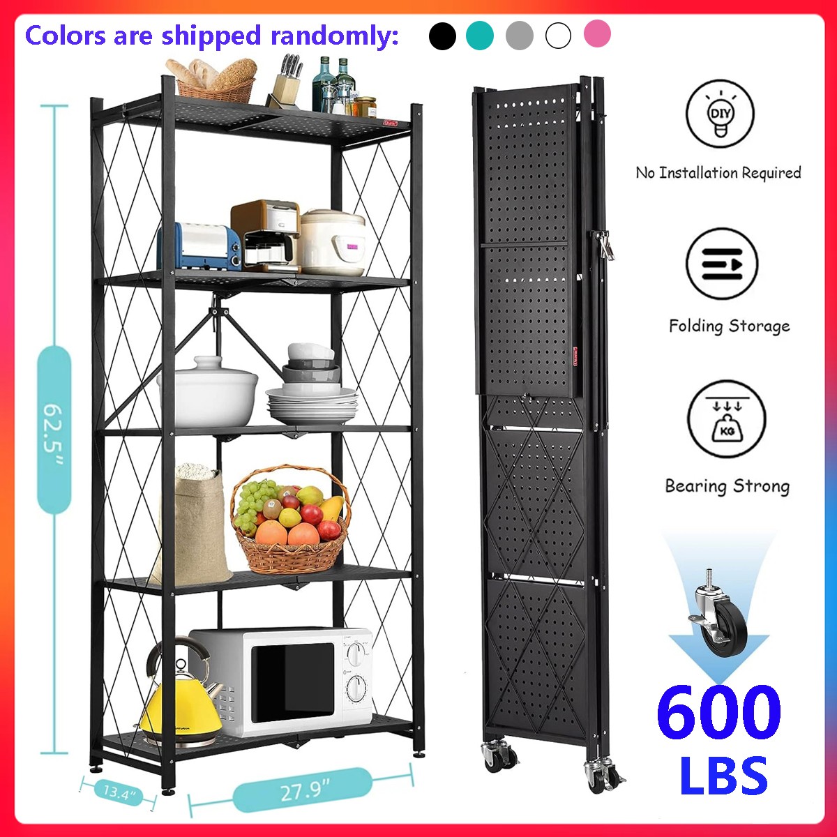 5/4-Tier Heavy-Duty Storage Rack Foldable Shelving Wheels Kitchen & Garage Metal