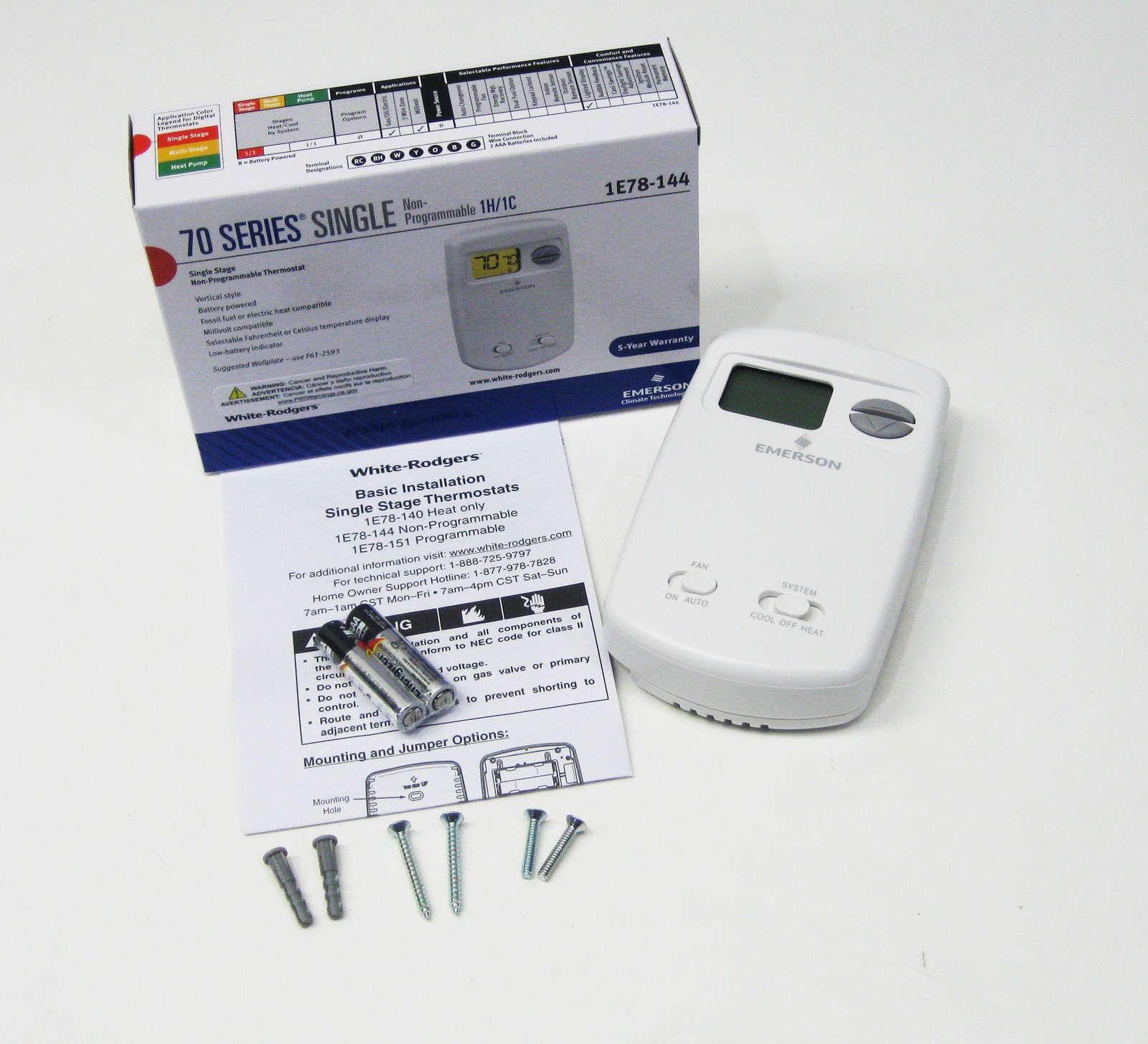 1E78-144 White Rodgers Wall Thermostat Heat Cool 24V Millivolt Battery Vertical