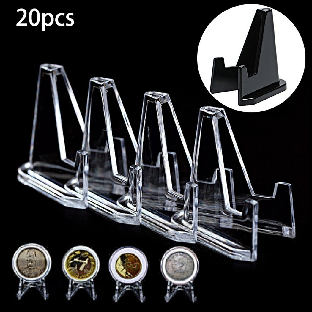 20 Pcs Plastic Coin Display Stand Clear Tablets Cards Case Capsules Holder Easel