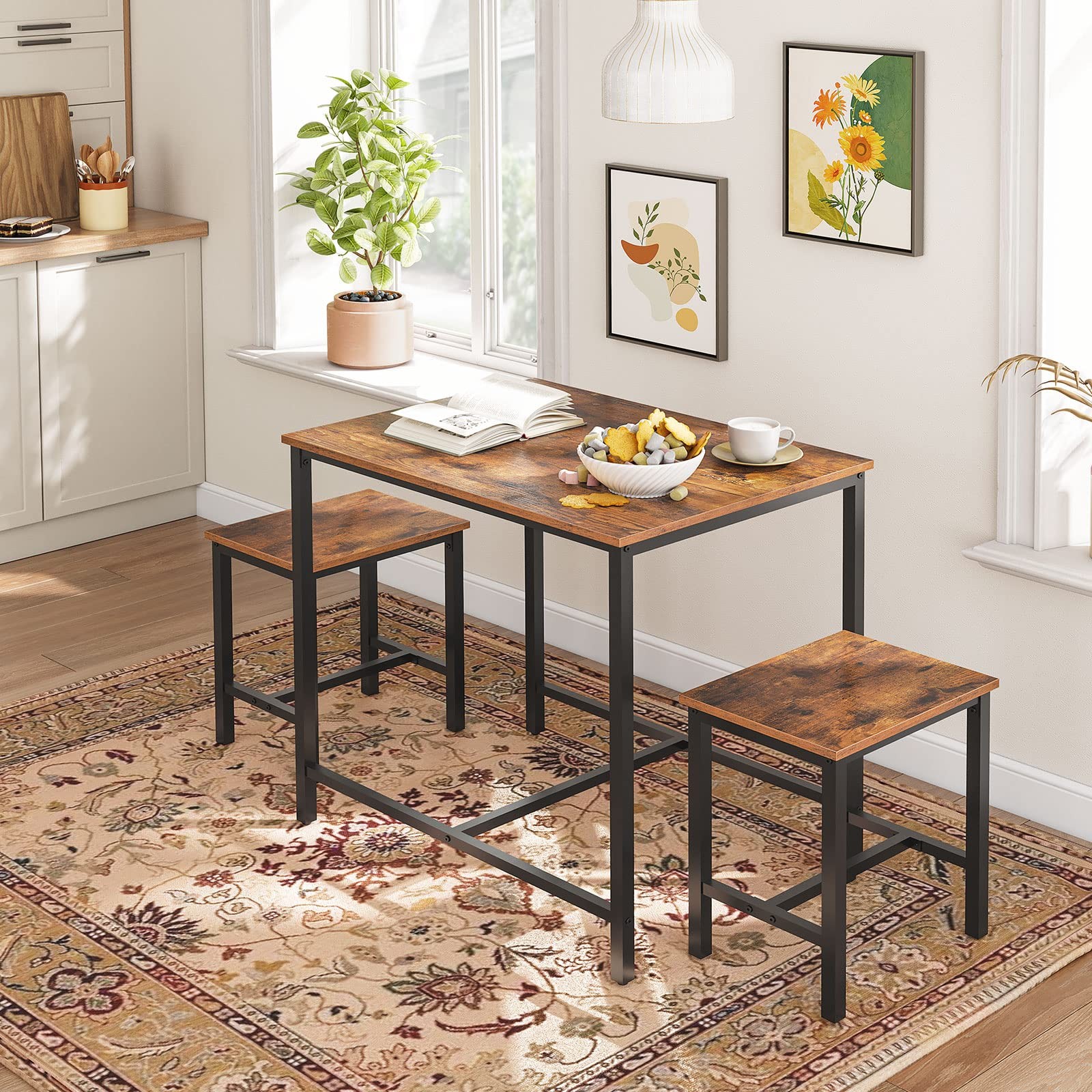 3-Piece Industrial Dining Table Set, Kitchen Table, Space Saving Dinette for ...