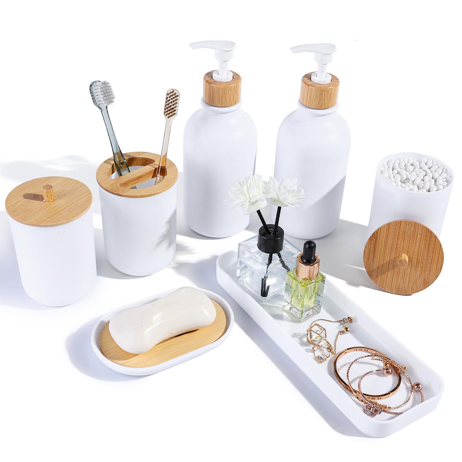 Matte White Bathroom Accessories Set 7 Pcs,Bamboo Bathroom Accessories Sets,W...