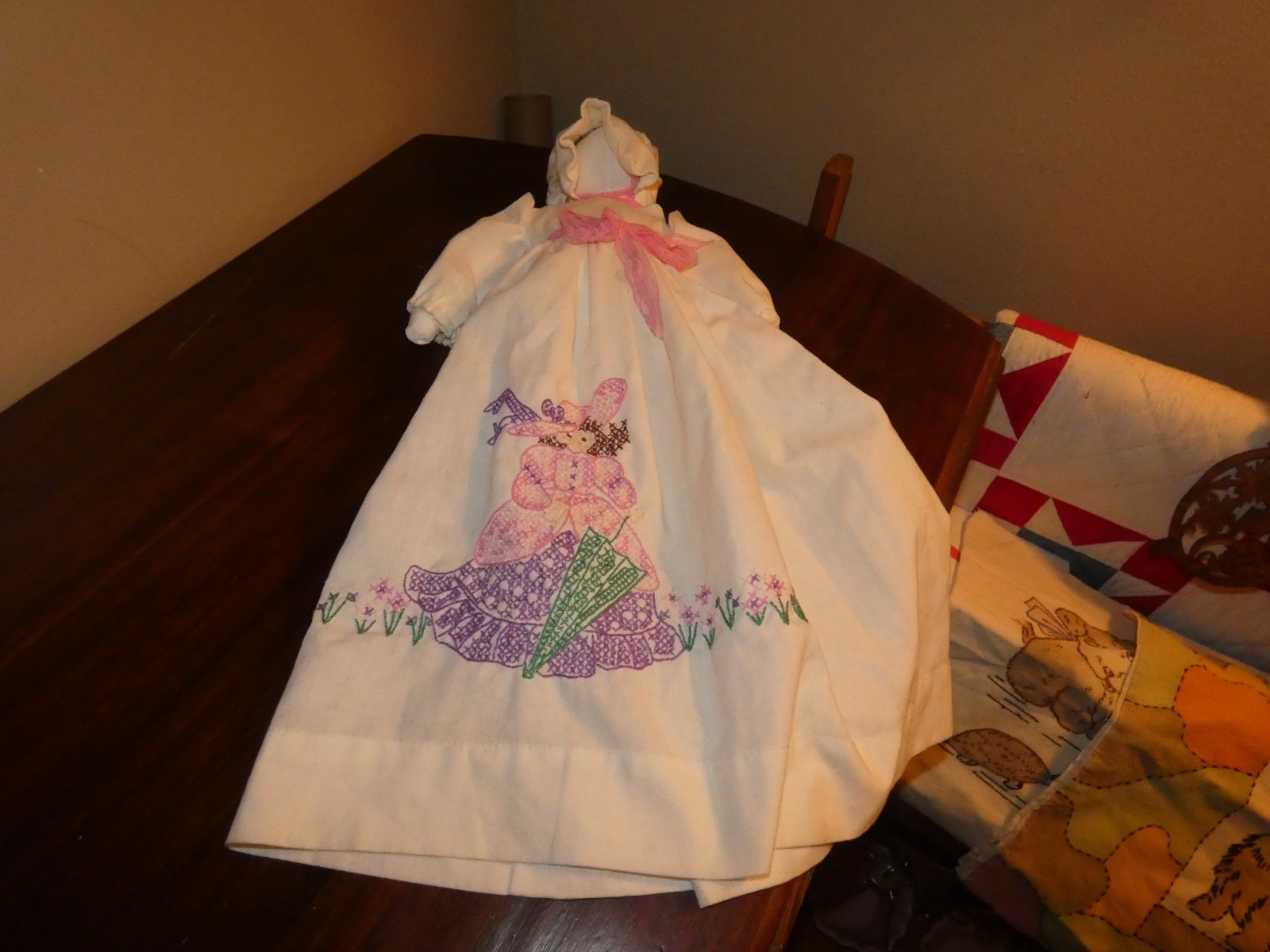 Handmade Pillowcase Cloth Doll Hand Embroidered Lady w/ Parasol Vintage
