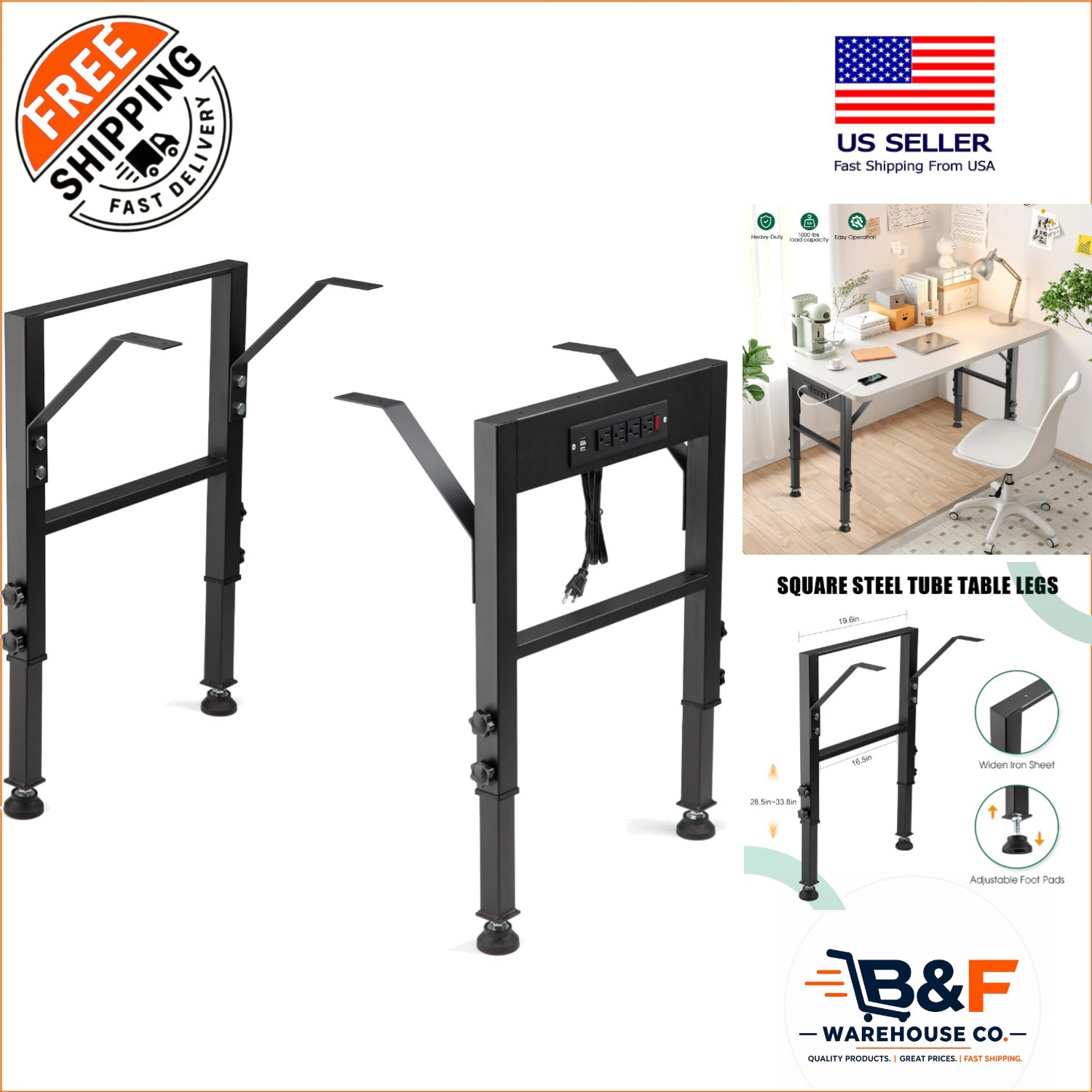 Height Adjustable Workbench Frame with Rubber Pads - 4 Heavy-Duty Table Legs