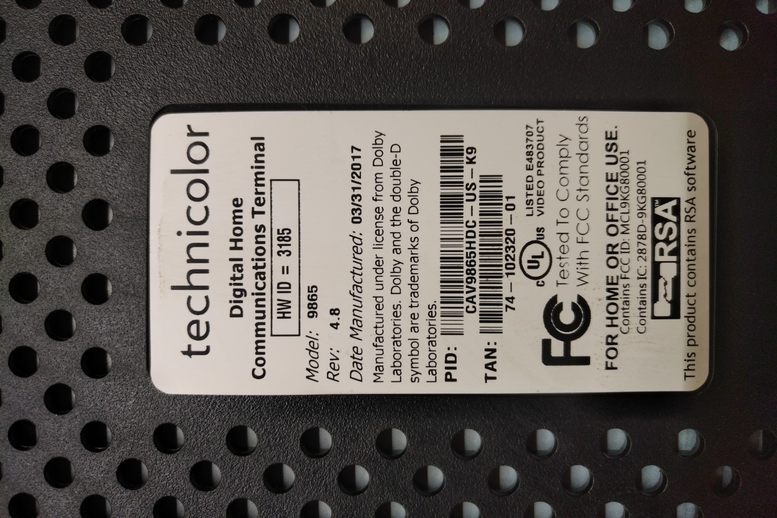 Technicolor (Cisco) 9865 HDC Digital Home Cable Receiver