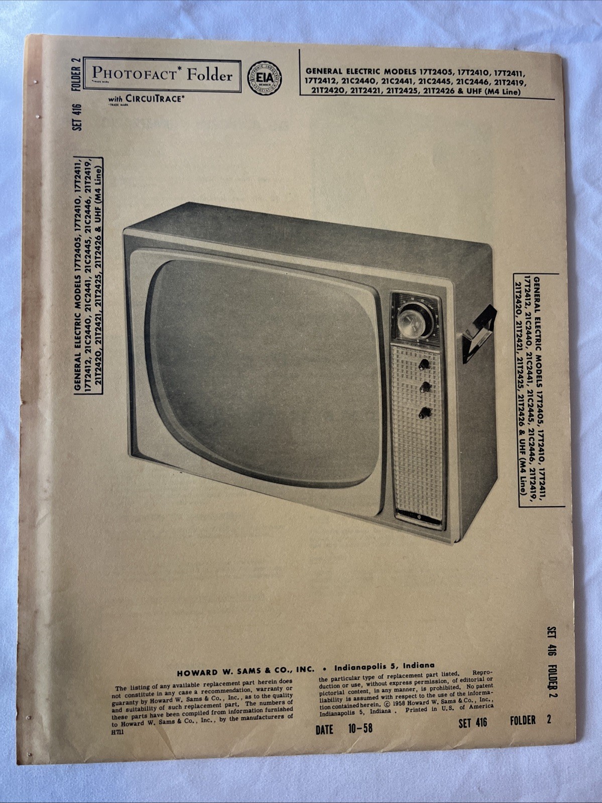Vintage Sams Photofact Schematic 10-1958 GENERAL ELECTRIC MODELS 17T2405,17T2410