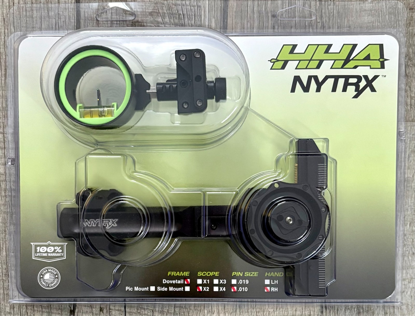 HHA NYTRX Short Bar Dovetail Mount 2 Pin .010 Green/Yellow RH SB-NX-X210-GY New
