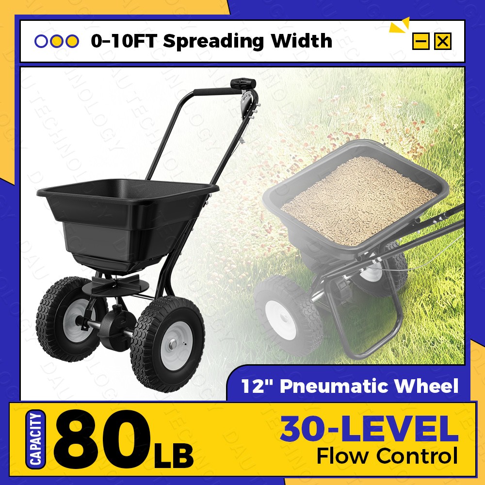 80lbs Broadcast Spreader Walk Behind Fertilizer Garden Seeder Black w/Rain Cover