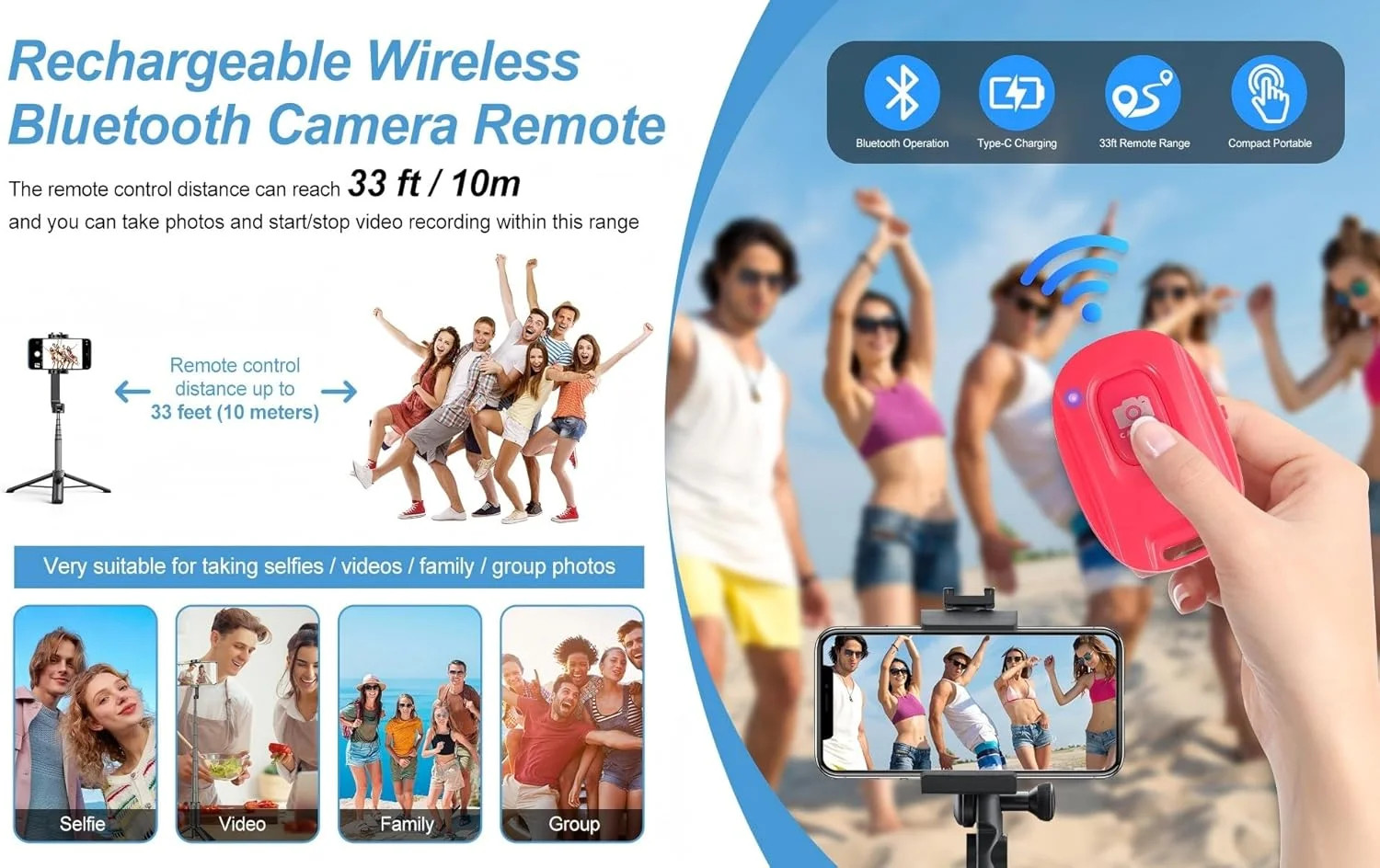 New Bluetooth Camera Remote Shutter for iPhone and Android Smartphones,Rechargea