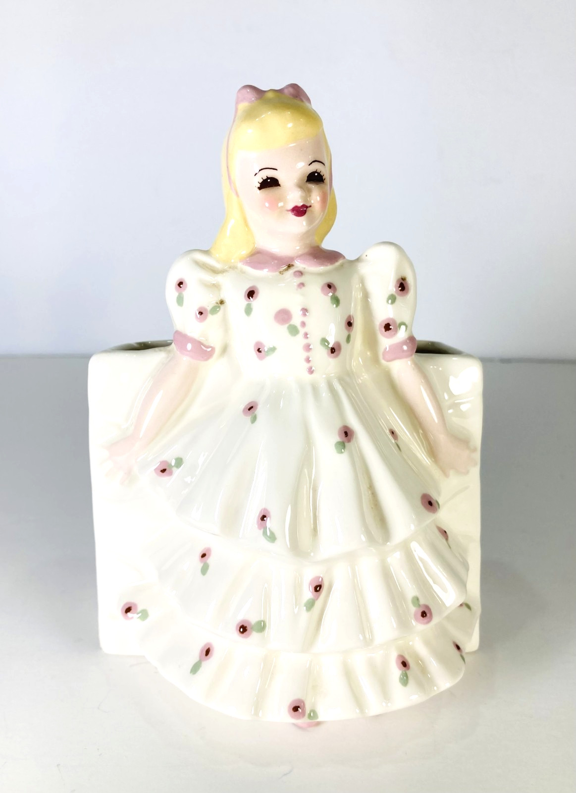 Vtg Florence Girl with Blonde Hair Planter Vase - Pink Flowered Dress w/Ruffles