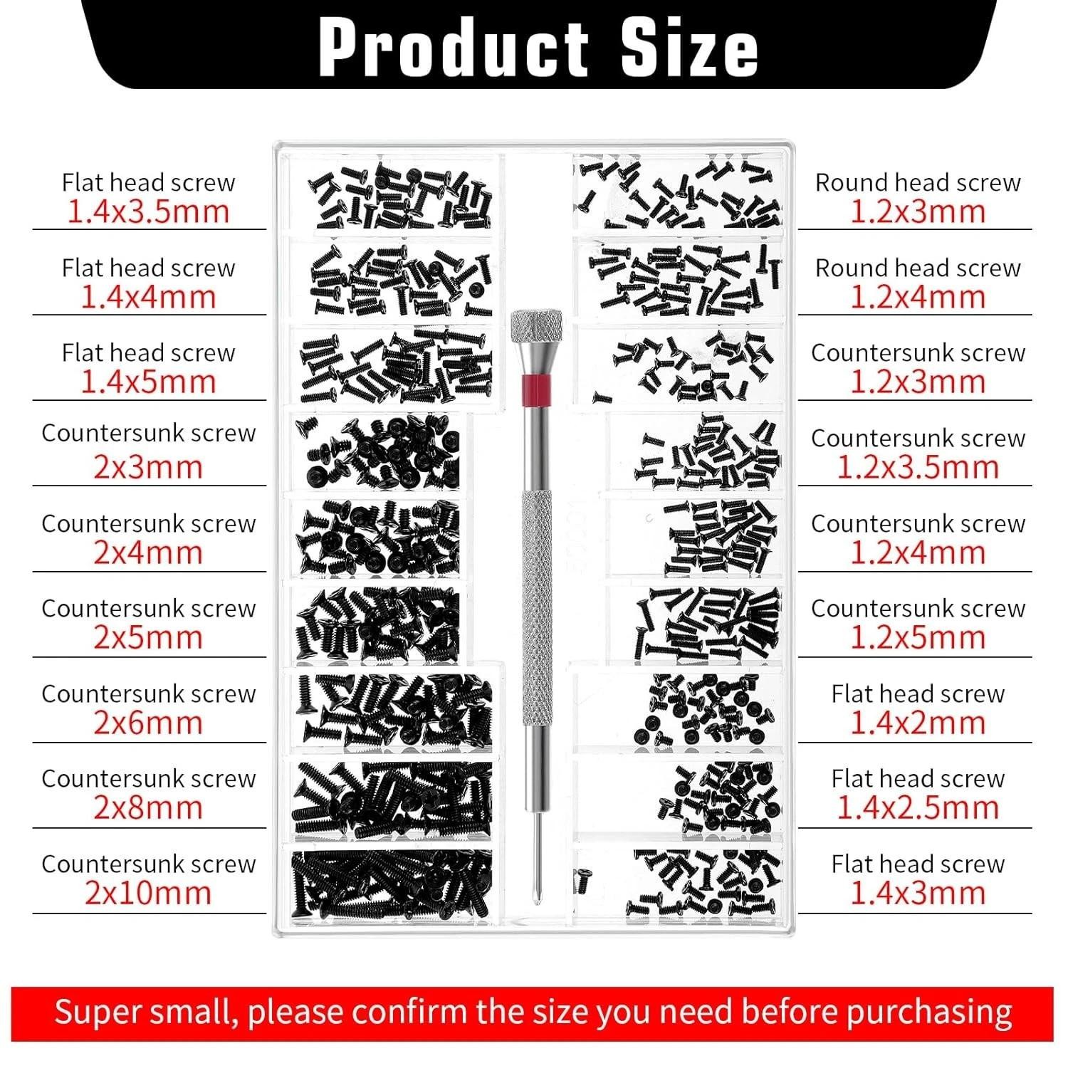 Small Screws Assortment Kit M1.2 / M1.4 / M2.0 Tiny Micro Screws Set Black 500pc