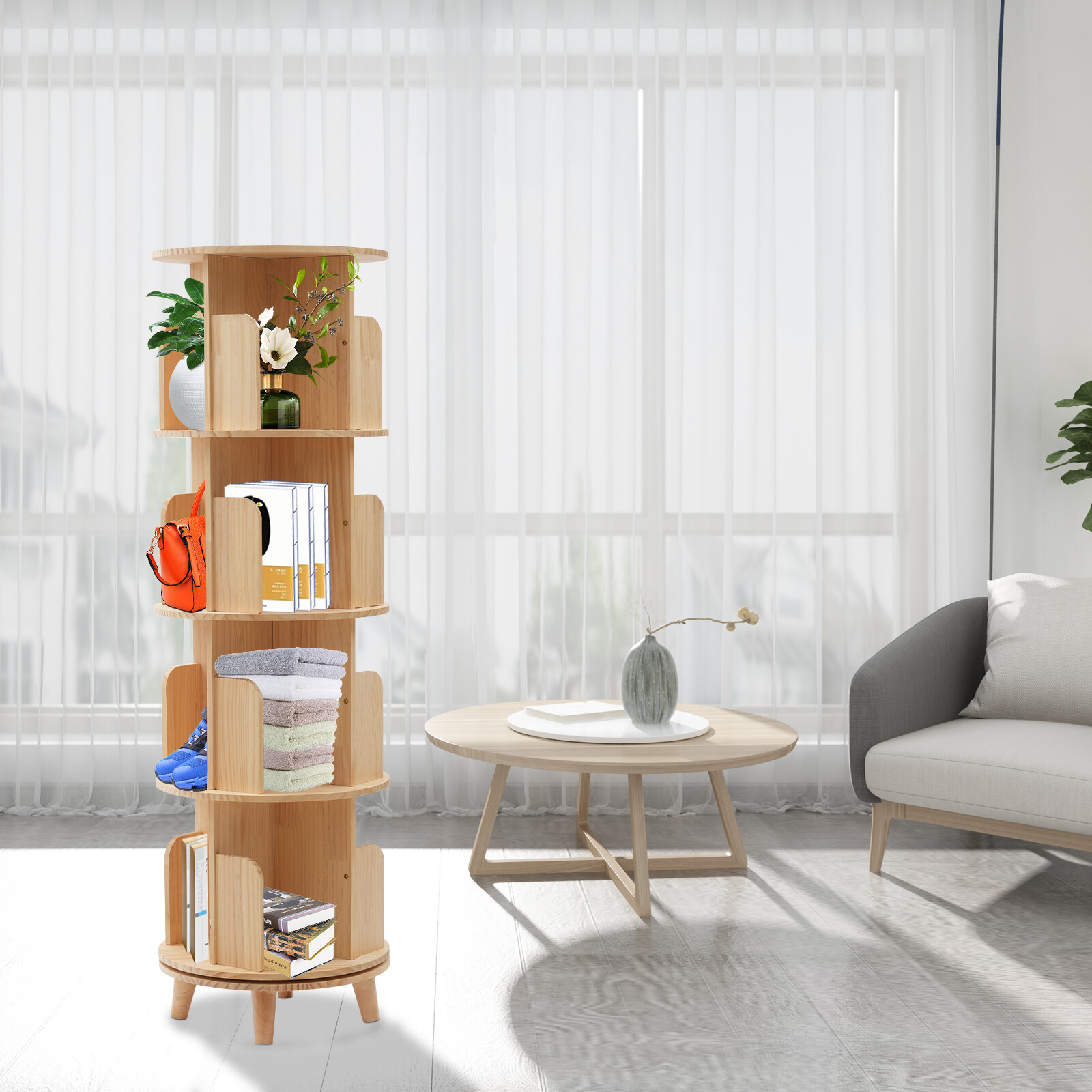4-Tiers Pine Wood Display Bookcase Storage Holder Cylindrical Rotating Bookshelf
