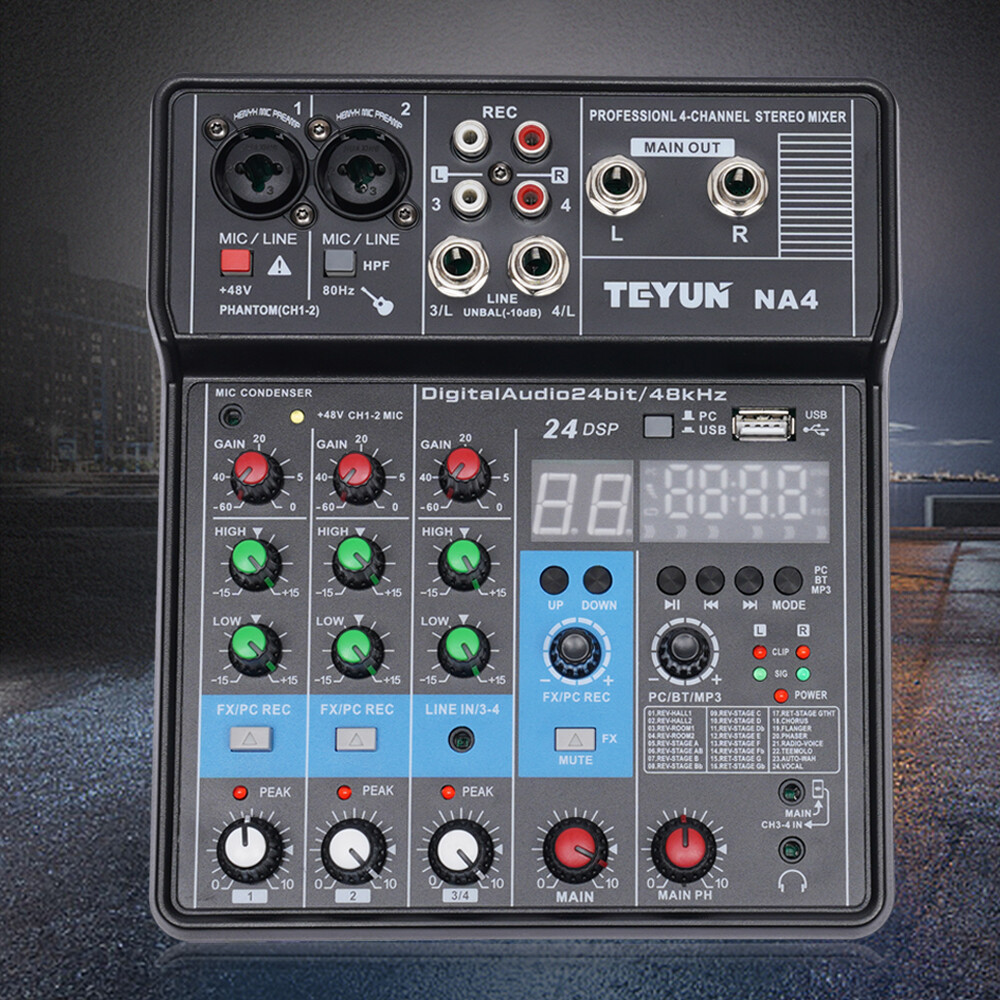 Mini Audio Mixer Bluetooth USB DJ Console 4 Channel Karaoke Live Studio 24 DSP